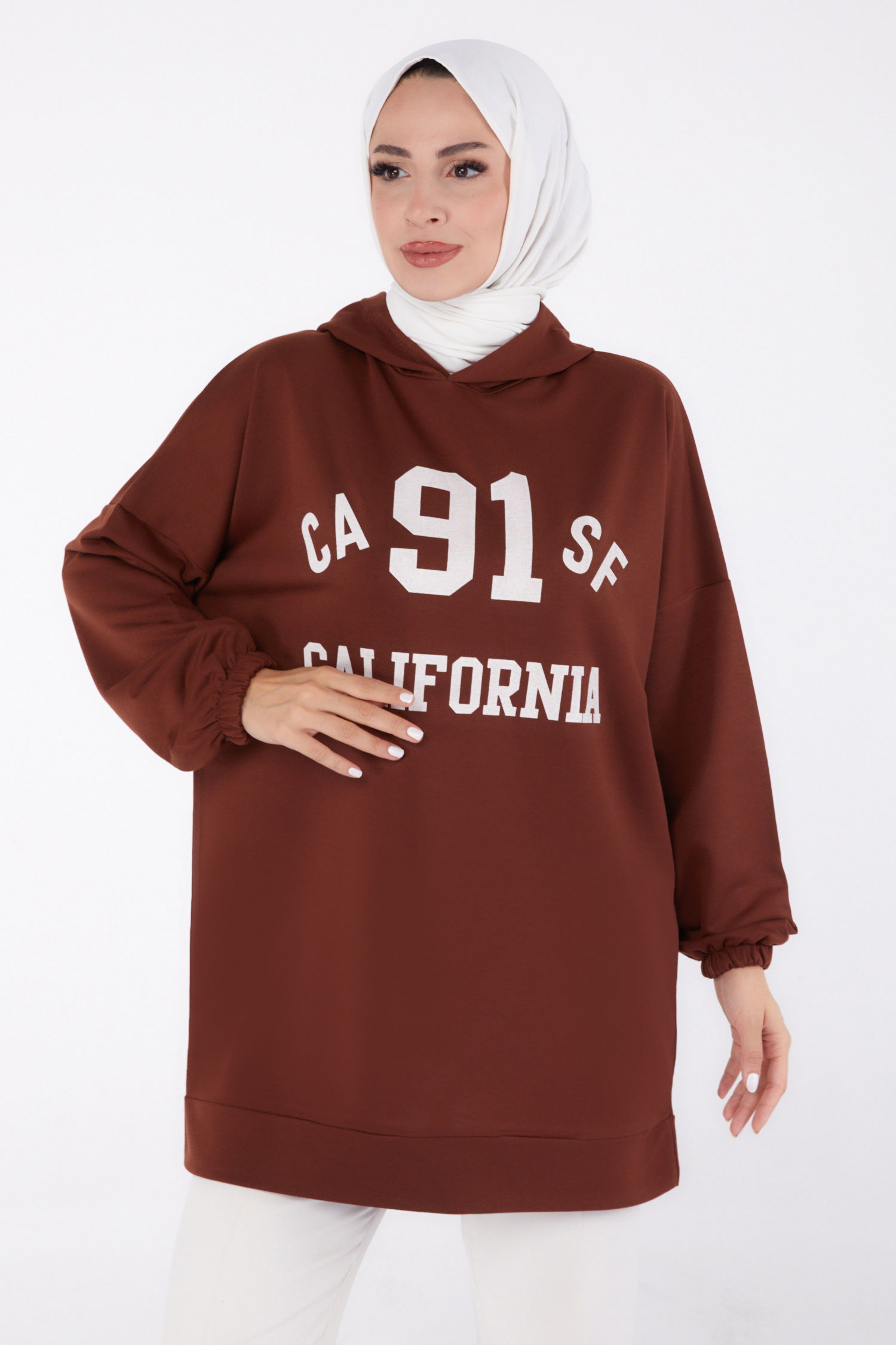 Düz Kapşonlu Yaka Kadın Kahve Baskılı Sweatshirt - 13329 - 2