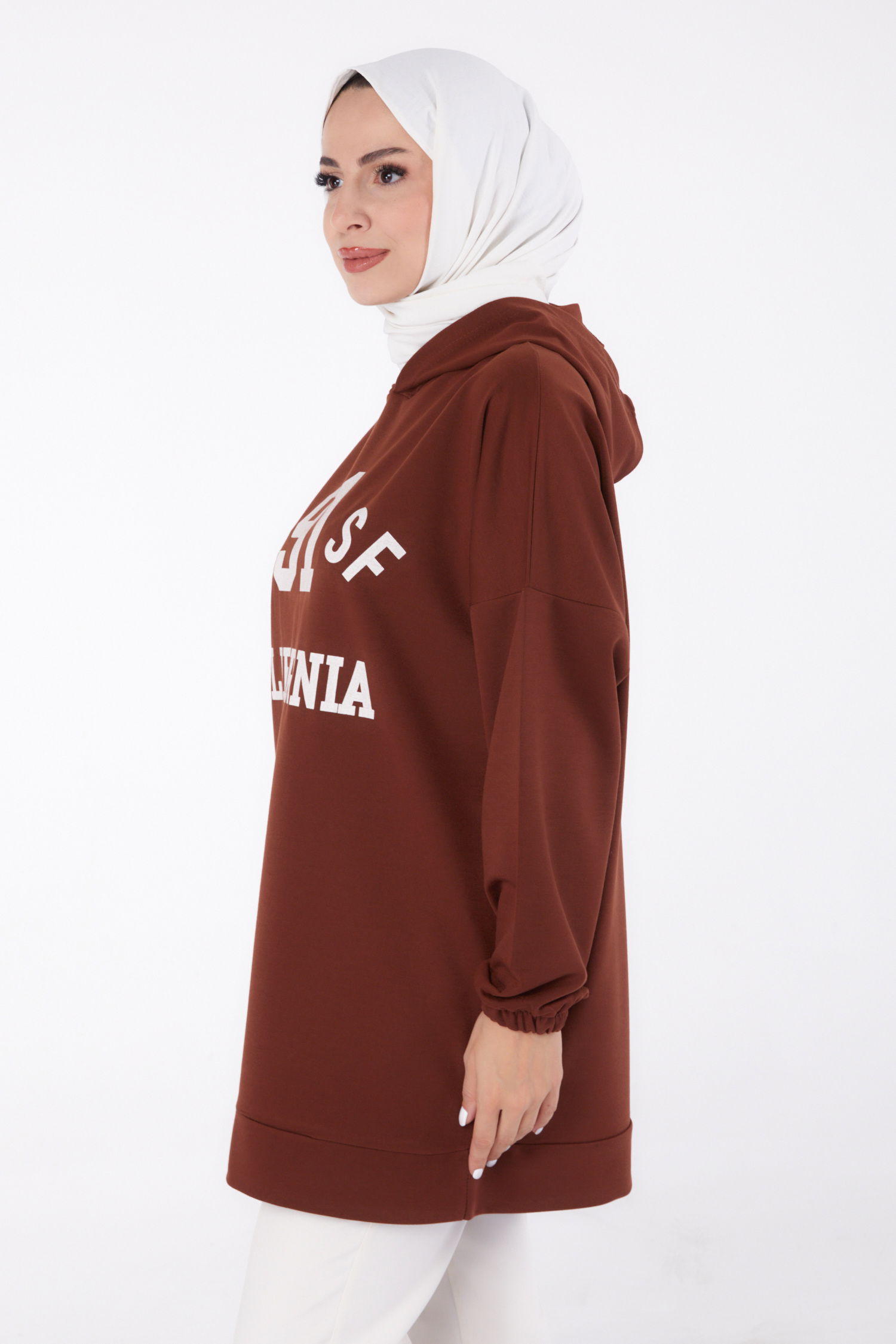 Düz Kapşonlu Yaka Kadın Kahve Baskılı Sweatshirt - 13329 - 3