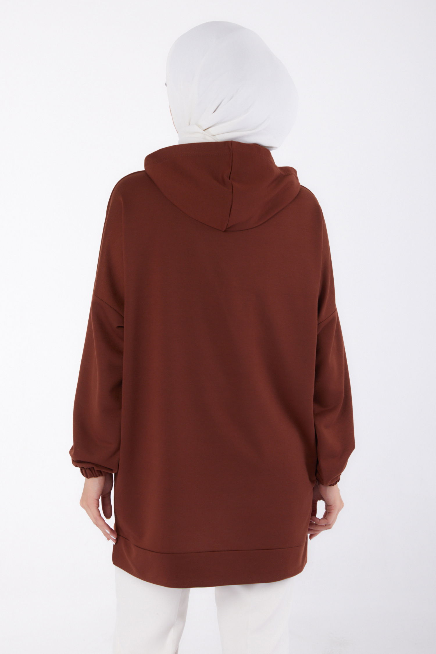 Düz Kapşonlu Yaka Kadın Kahve Baskılı Sweatshirt - 13329 - 4