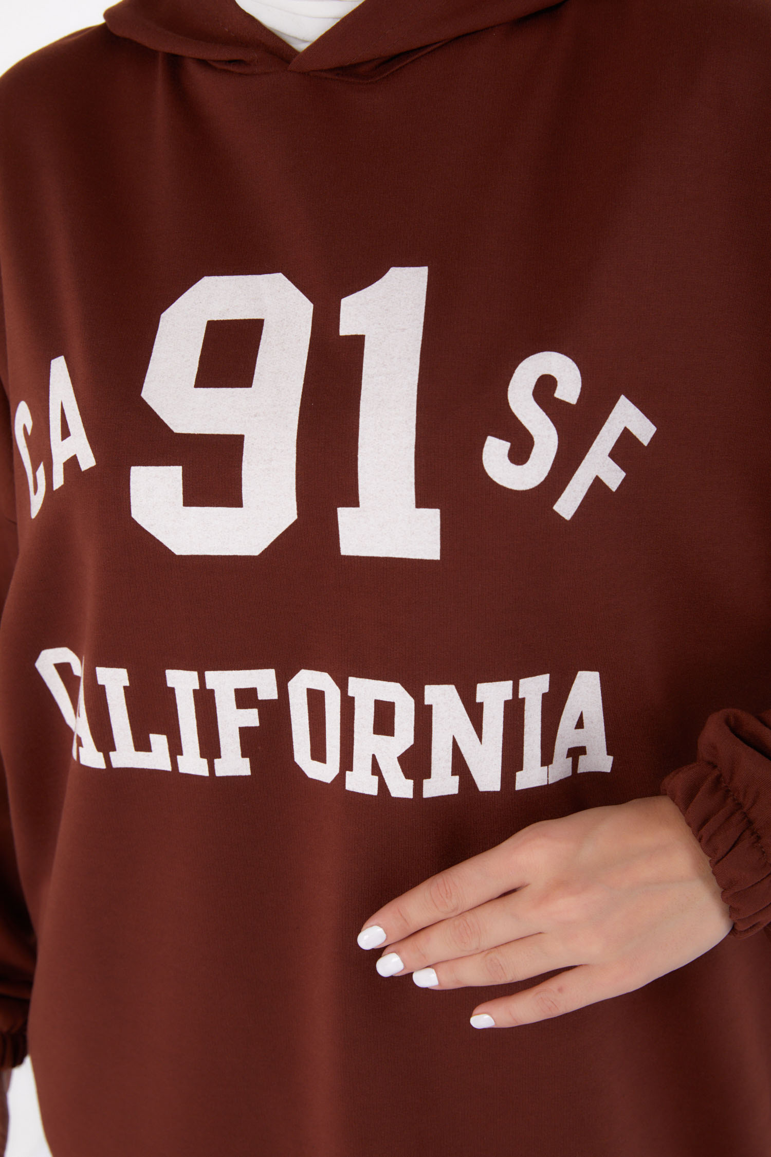 Düz Kapşonlu Yaka Kadın Kahve Baskılı Sweatshirt - 13329 - 5