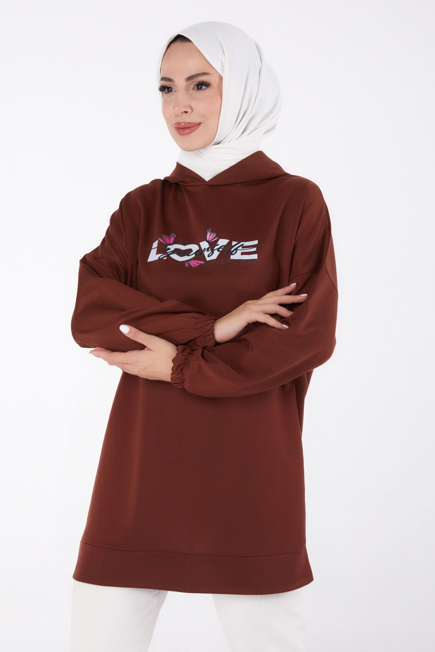 Baskılı Sweatshirt Kahve - 13330 - 1