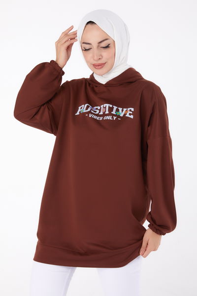 Baskılı Sweatshirt Kahve - 13333 