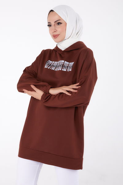Baskılı Sweatshirt Kahve - 13334 