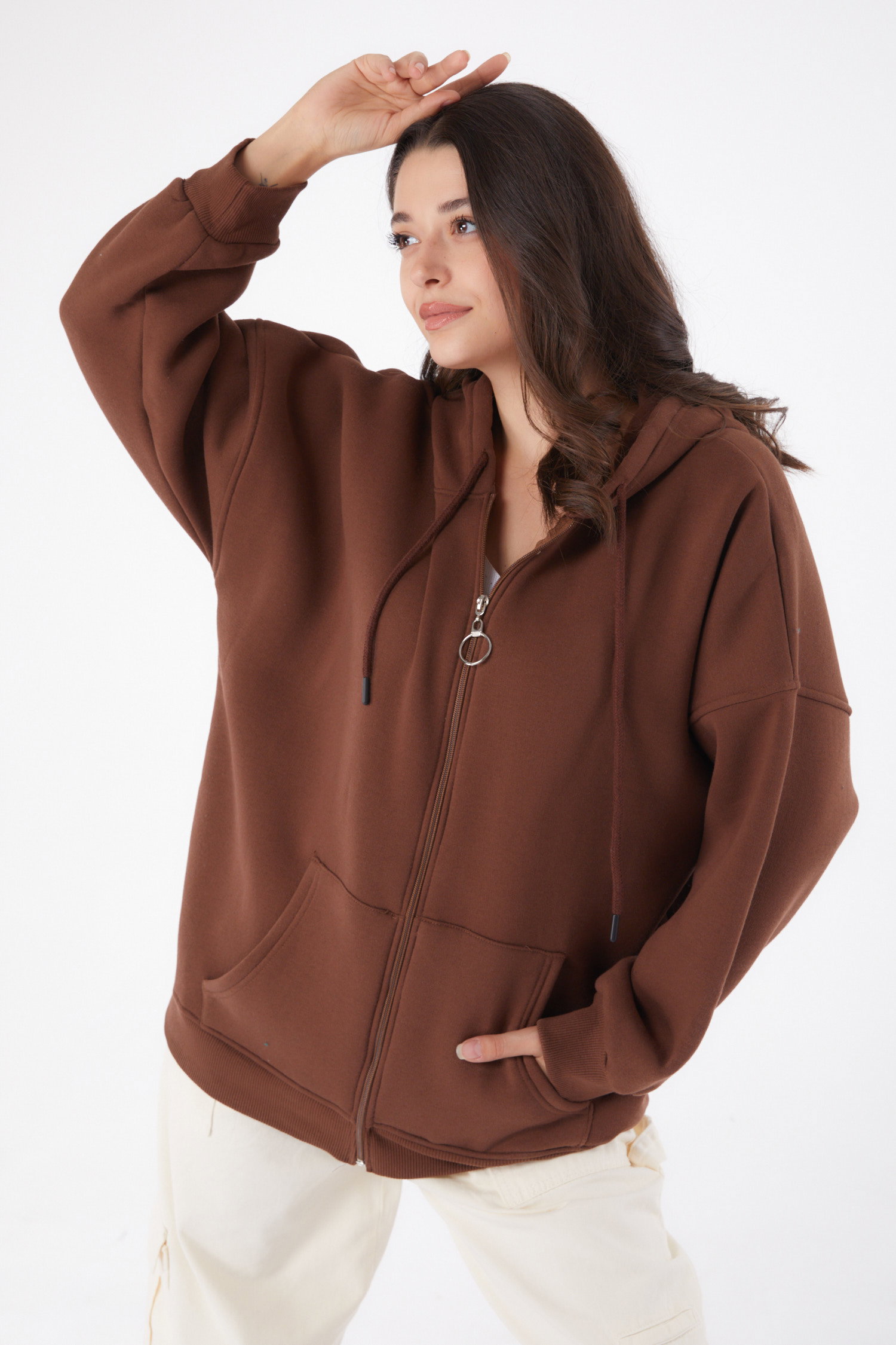 Düz Kapşonlu Yaka Kadın Kahve Cepli Fermuarlı sweatshirt - 26049 - 1