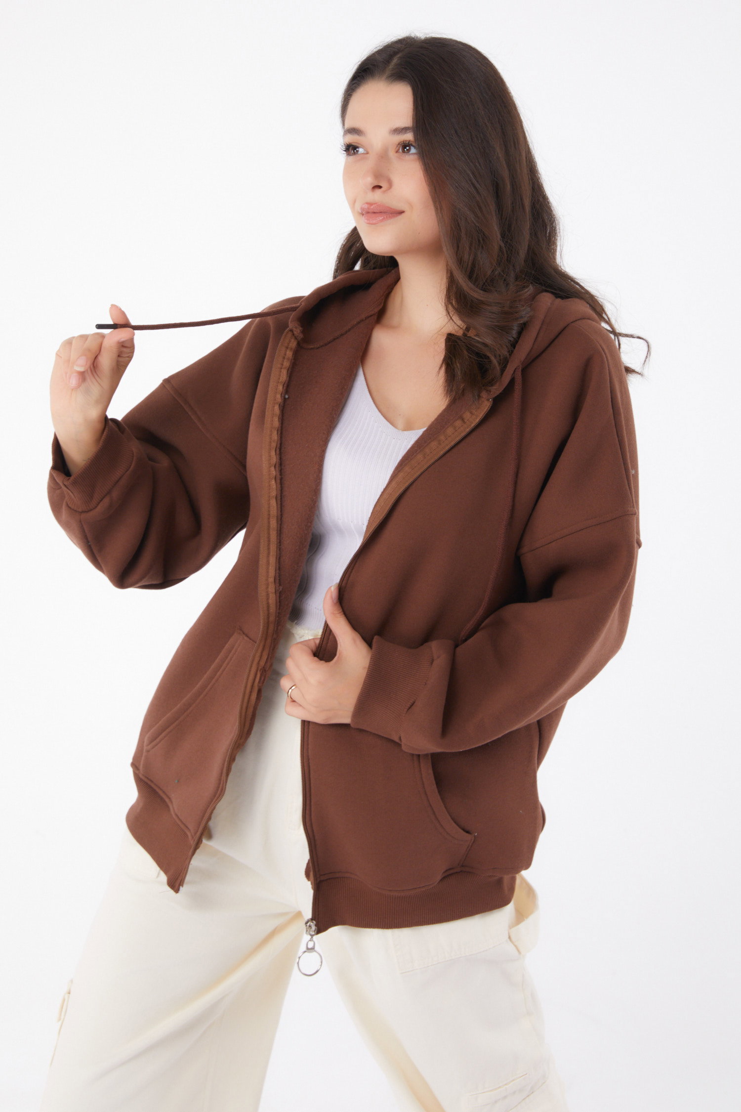 Düz Kapşonlu Yaka Kadın Kahve Cepli Fermuarlı sweatshirt - 26049 - 2