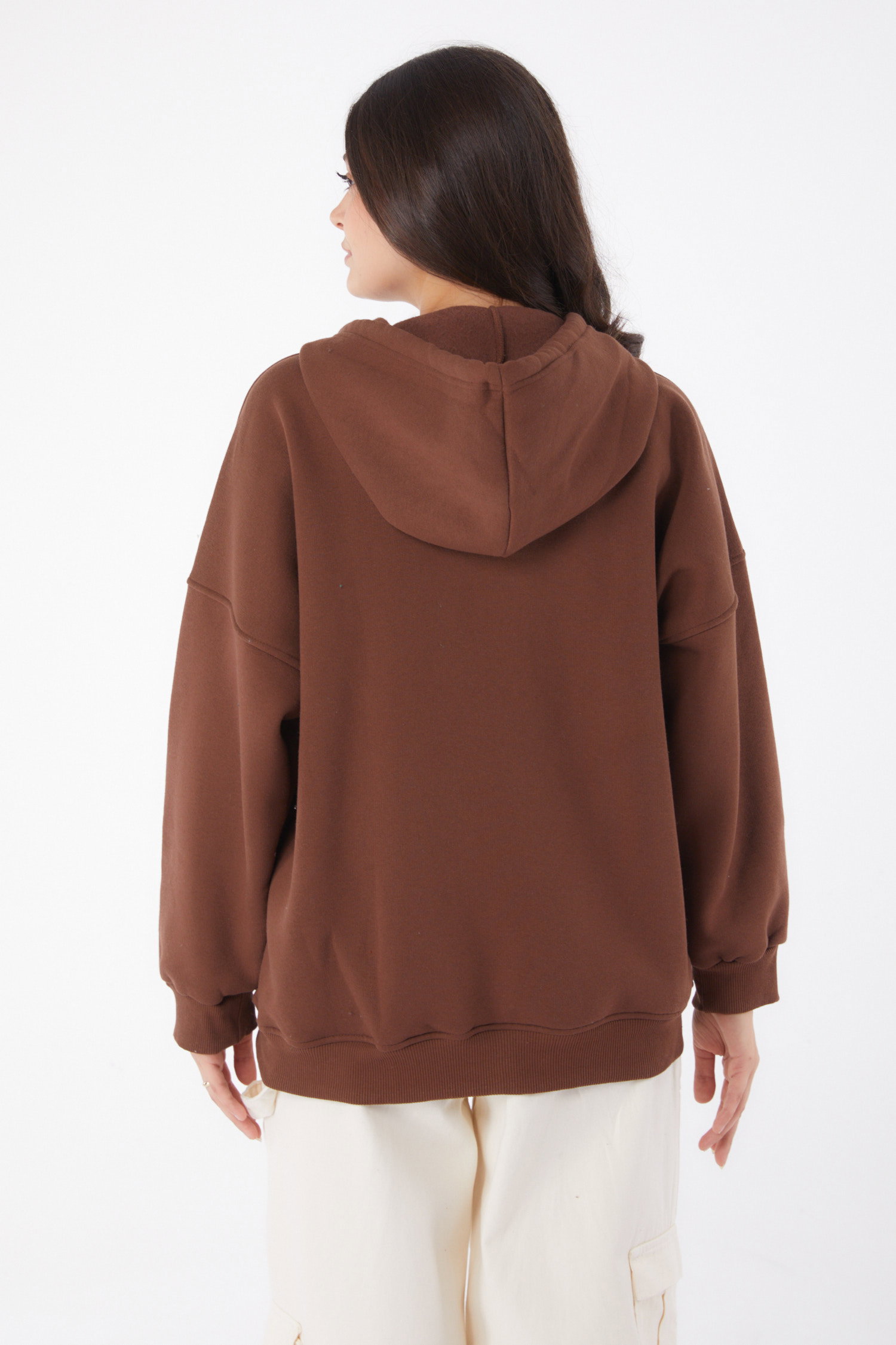 Düz Kapşonlu Yaka Kadın Kahve Cepli Fermuarlı sweatshirt - 26049 - 4