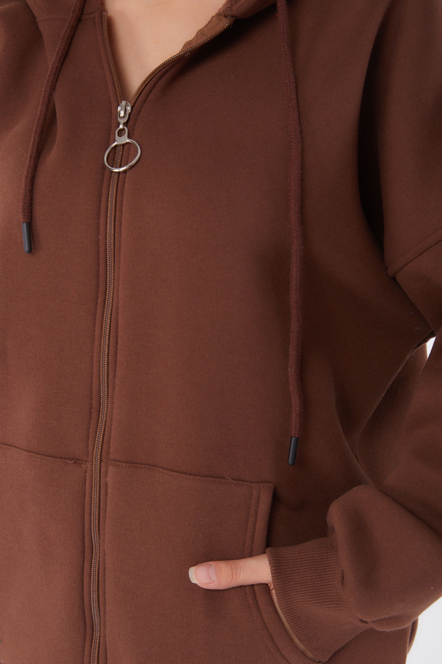 Düz Kapşonlu Yaka Kadın Kahve Cepli Fermuarlı sweatshirt - 26049 - 5