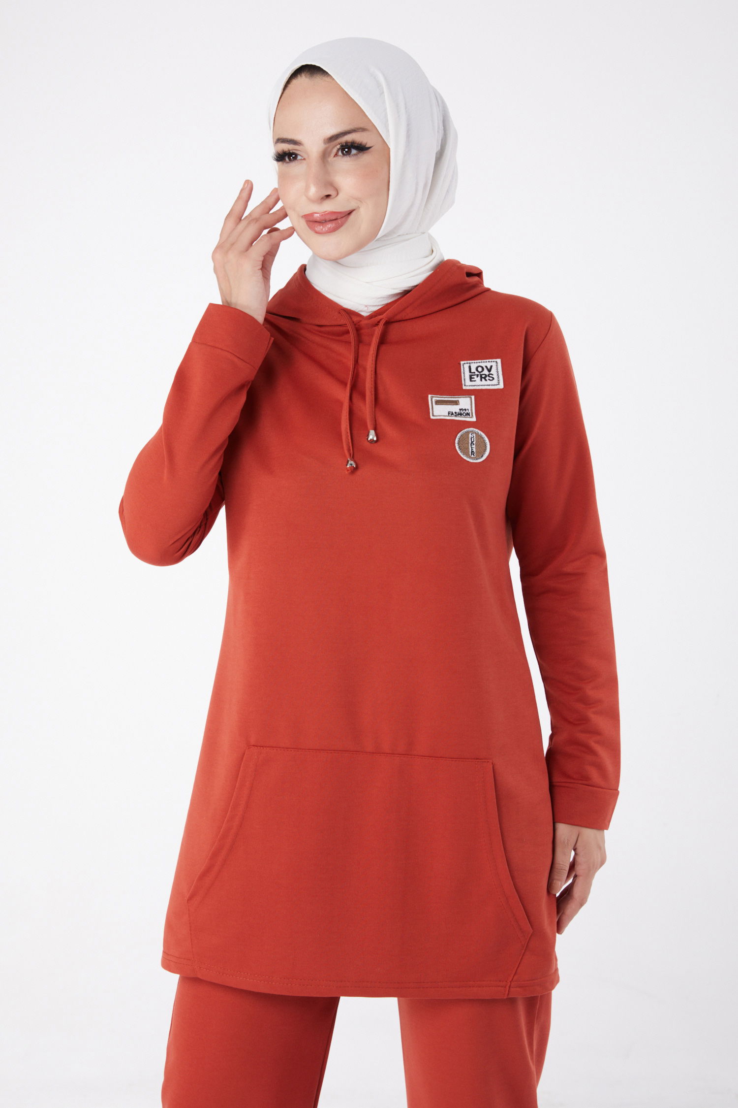 Düz Kapşonlu Yaka Kadın Kiremit Armalı İkili Takım - 13276 - 1