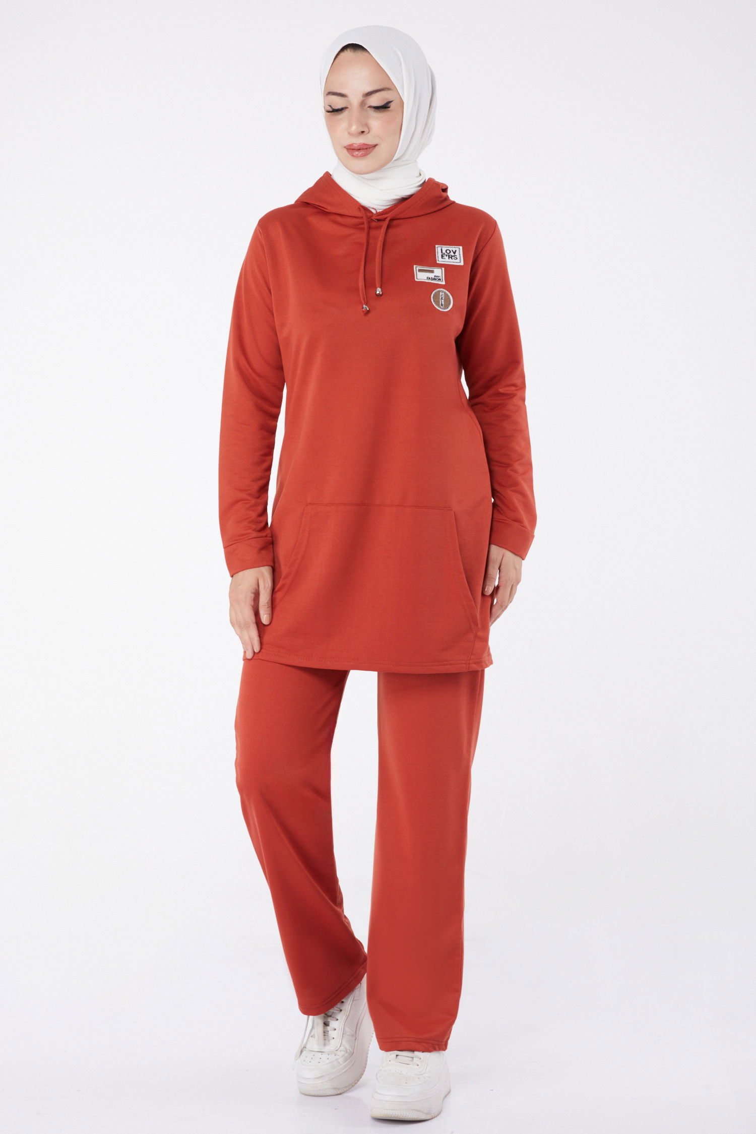 Düz Kapşonlu Yaka Kadın Kiremit Armalı İkili Takım - 13276 - 2