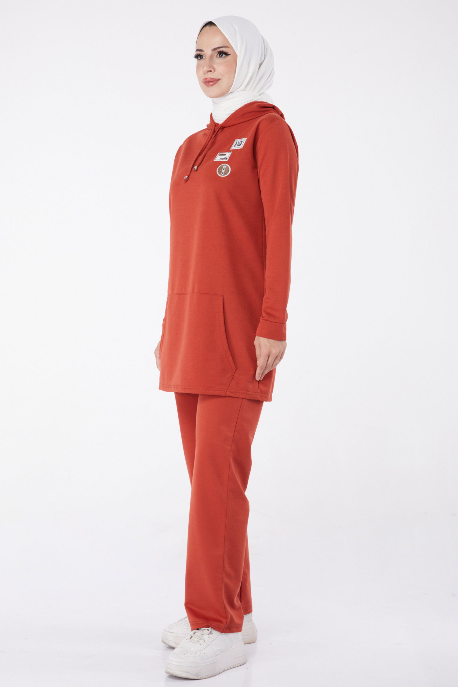 Düz Kapşonlu Yaka Kadın Kiremit Armalı İkili Takım - 13276 - 3