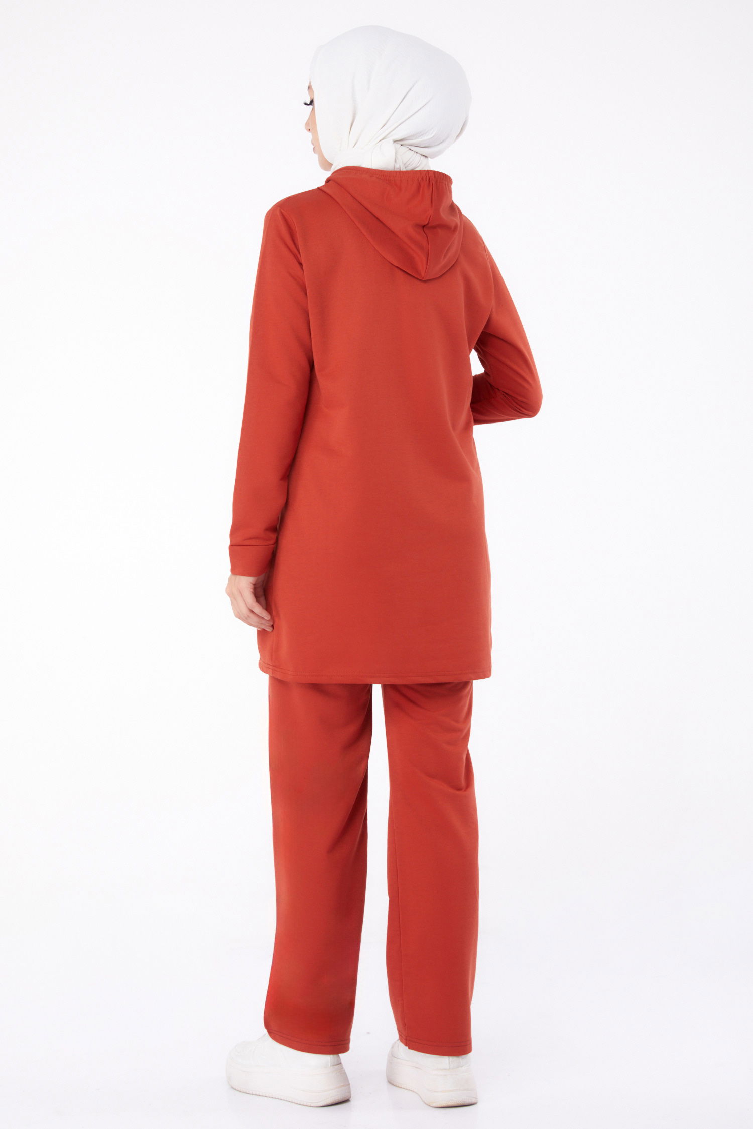 Düz Kapşonlu Yaka Kadın Kiremit Armalı İkili Takım - 13276 - 4