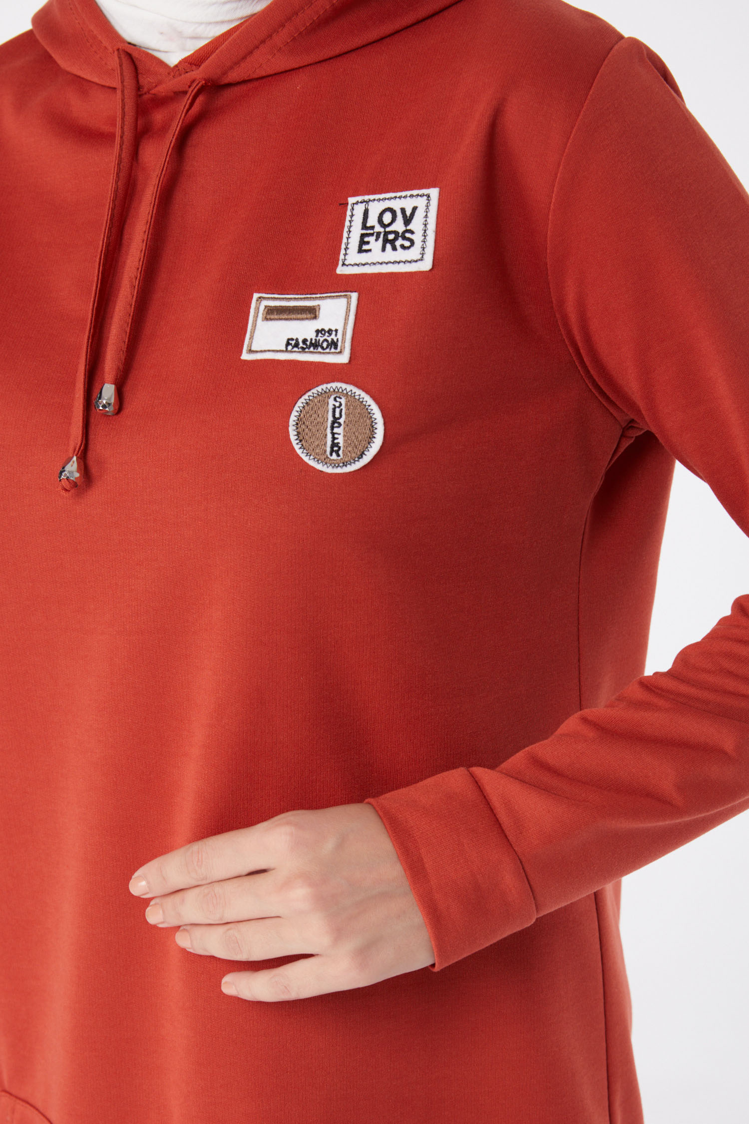 Düz Kapşonlu Yaka Kadın Kiremit Armalı İkili Takım - 13276 - 5