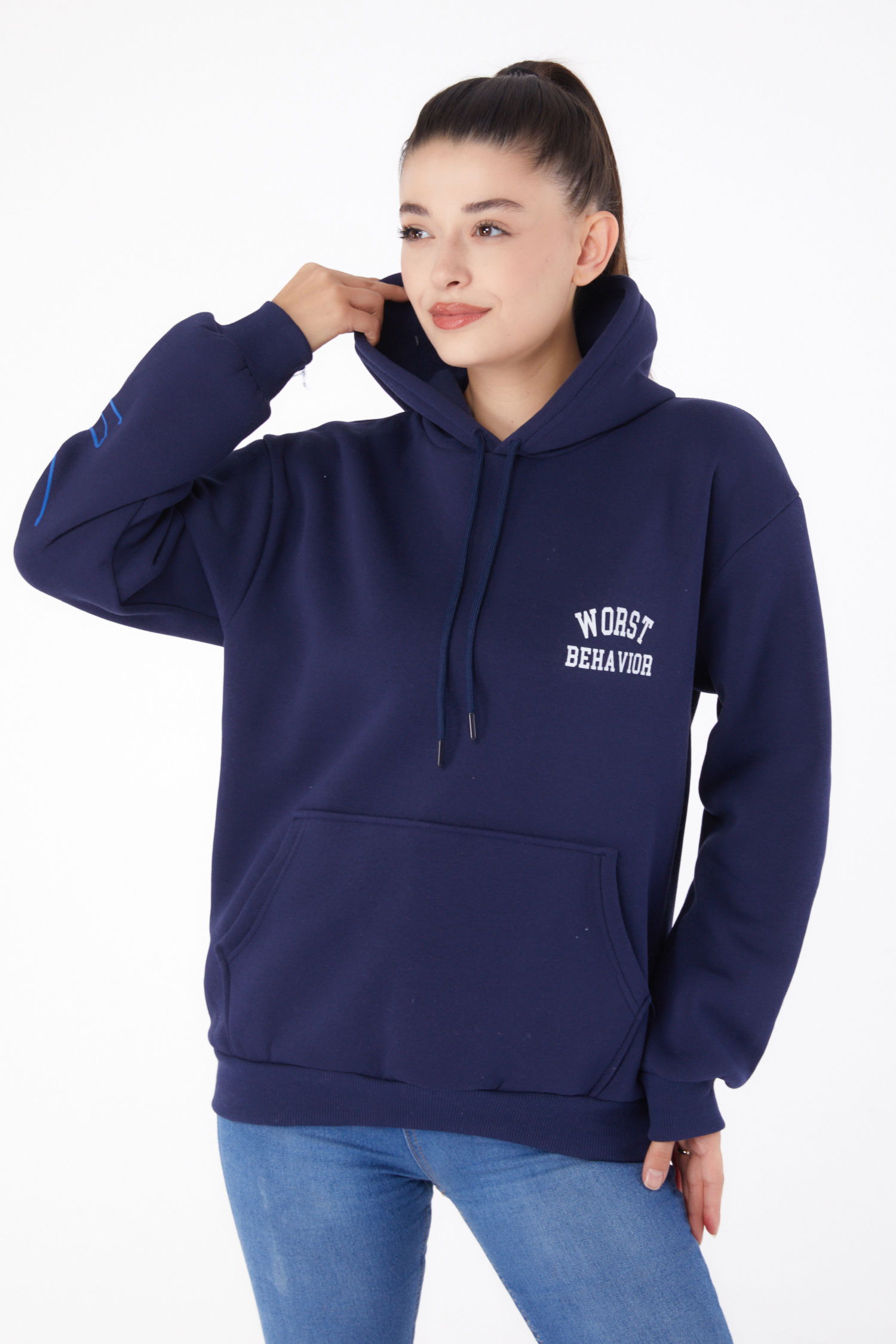 Düz Kapşonlu Yaka Kadın Lacivert Baskılı Sweatshirt - 26279 - 1