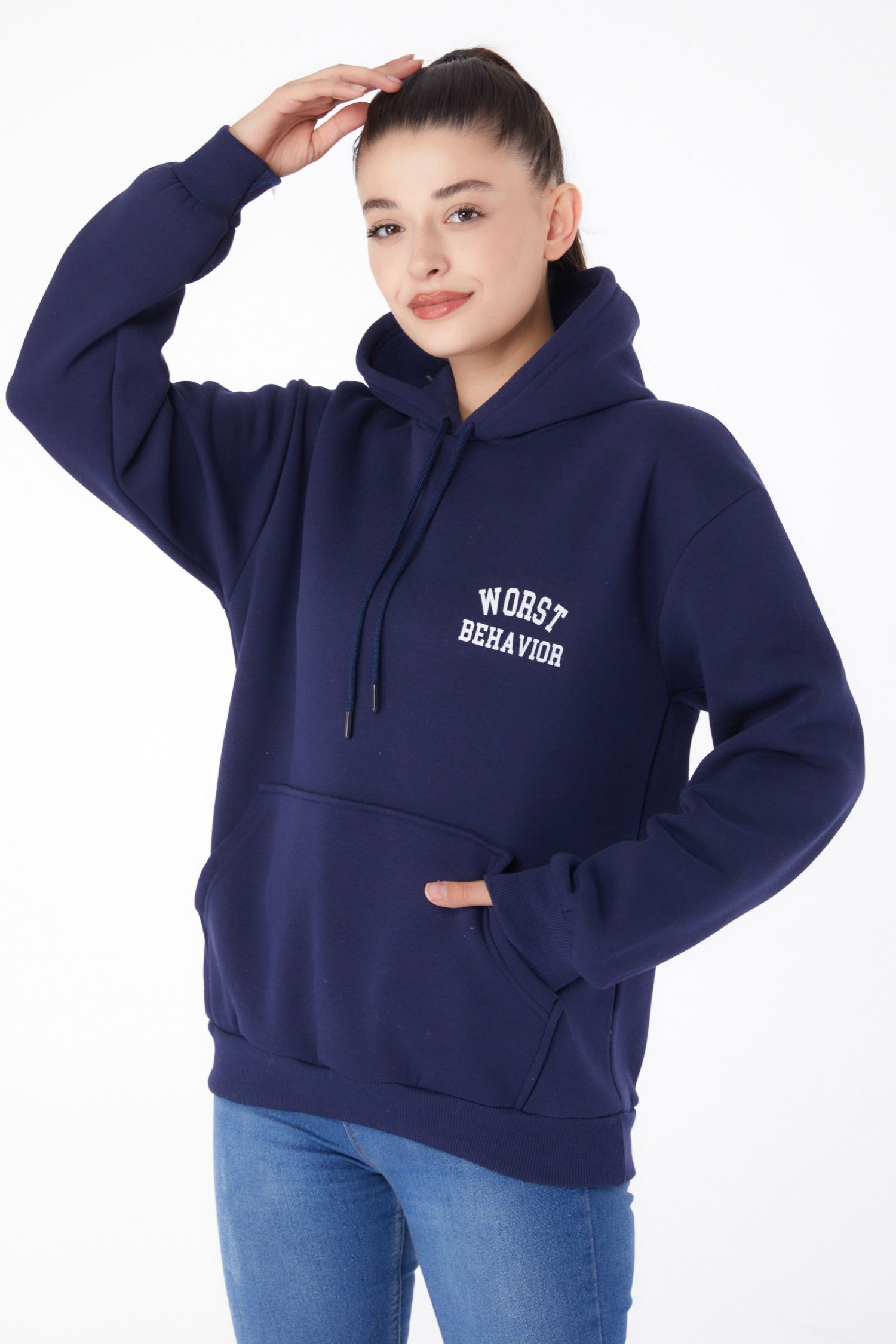 Düz Kapşonlu Yaka Kadın Lacivert Baskılı Sweatshirt - 26279 - 2