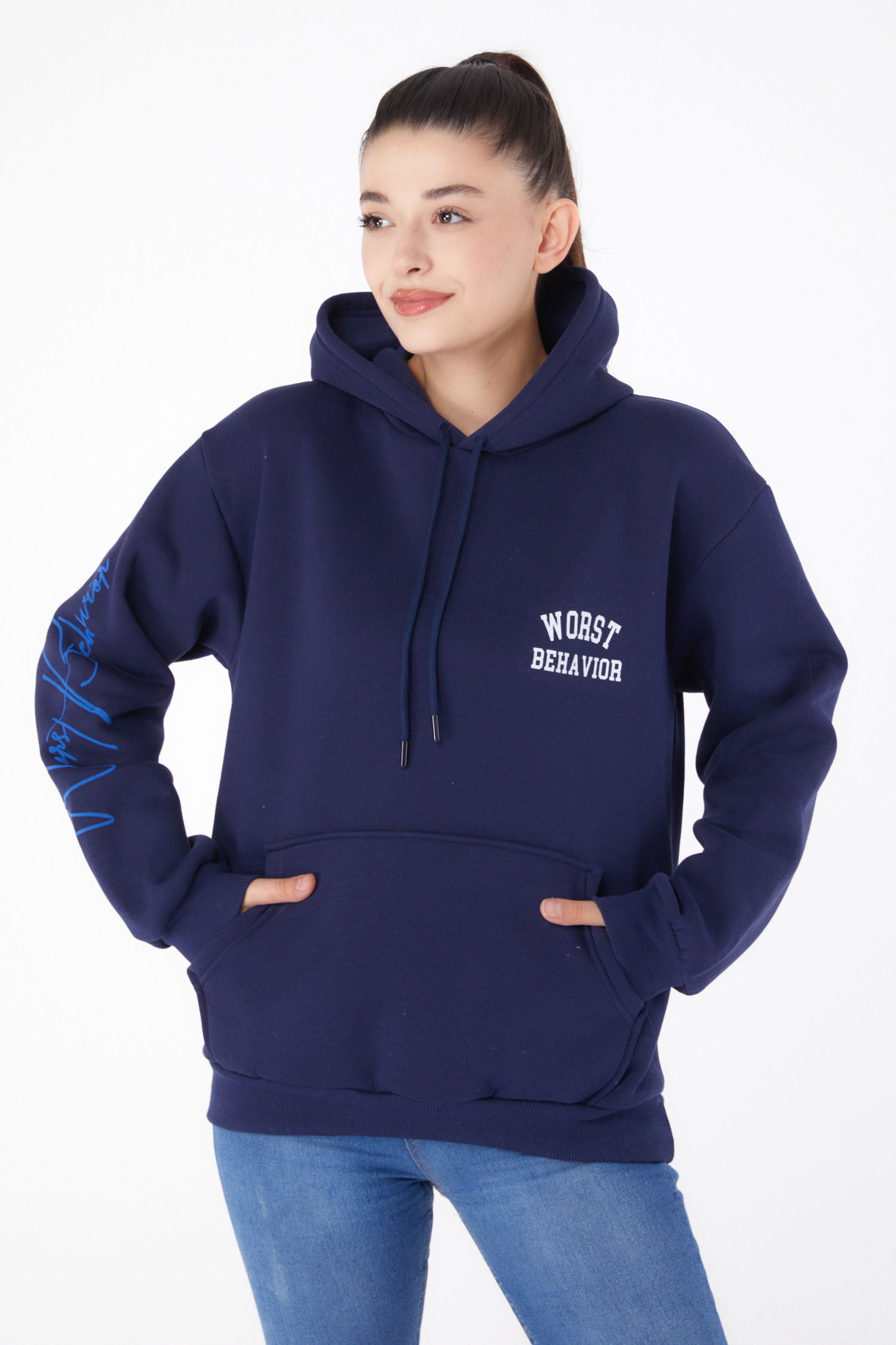 Düz Kapşonlu Yaka Kadın Lacivert Baskılı Sweatshirt - 26279 - 3