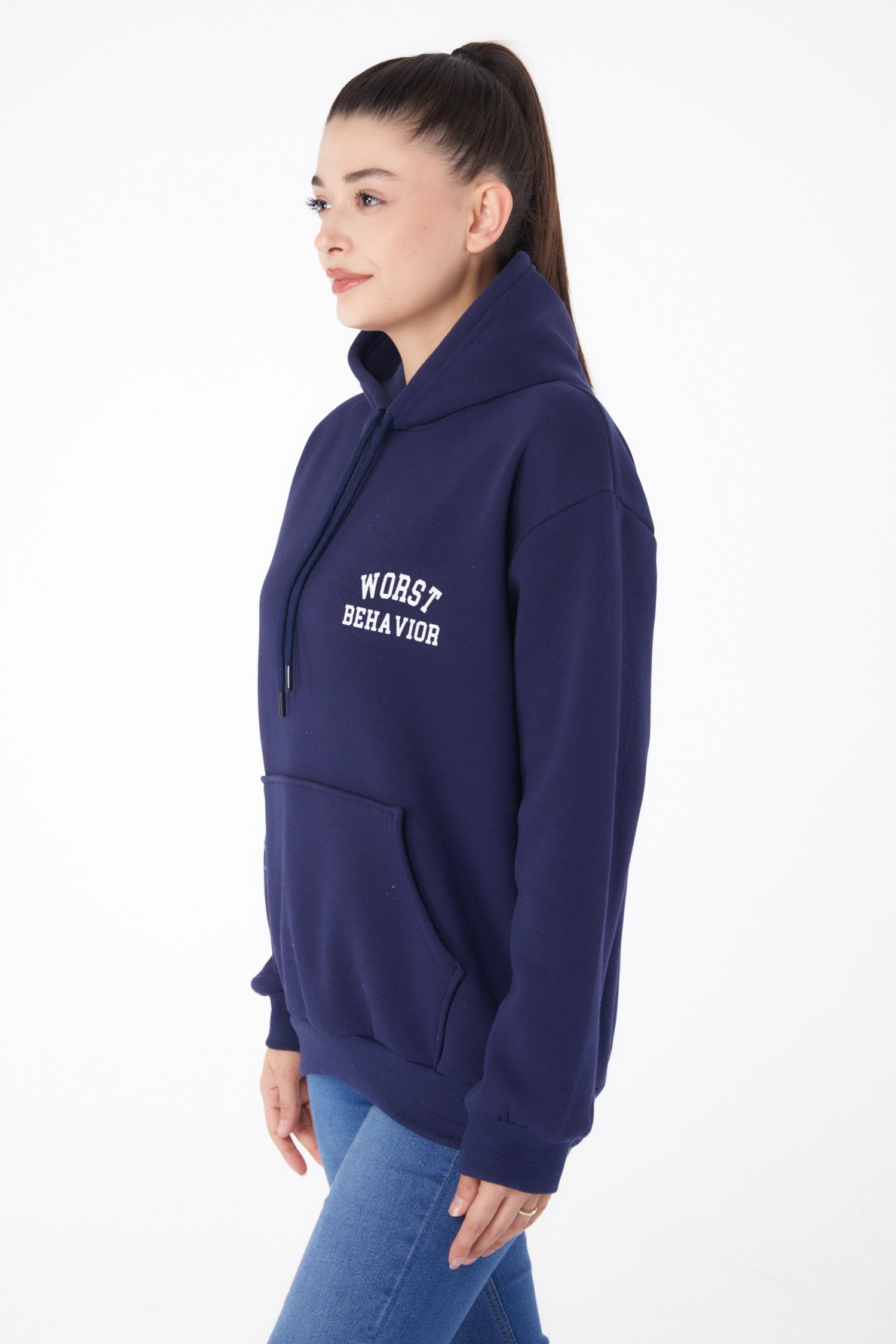 Düz Kapşonlu Yaka Kadın Lacivert Baskılı Sweatshirt - 26279 - 4