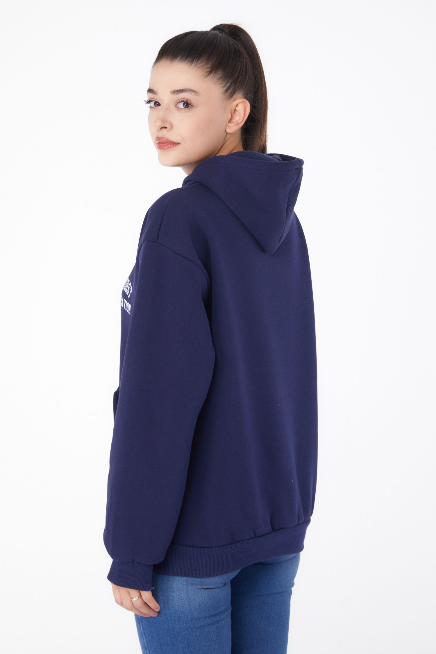Düz Kapşonlu Yaka Kadın Lacivert Baskılı Sweatshirt - 26279 - 5