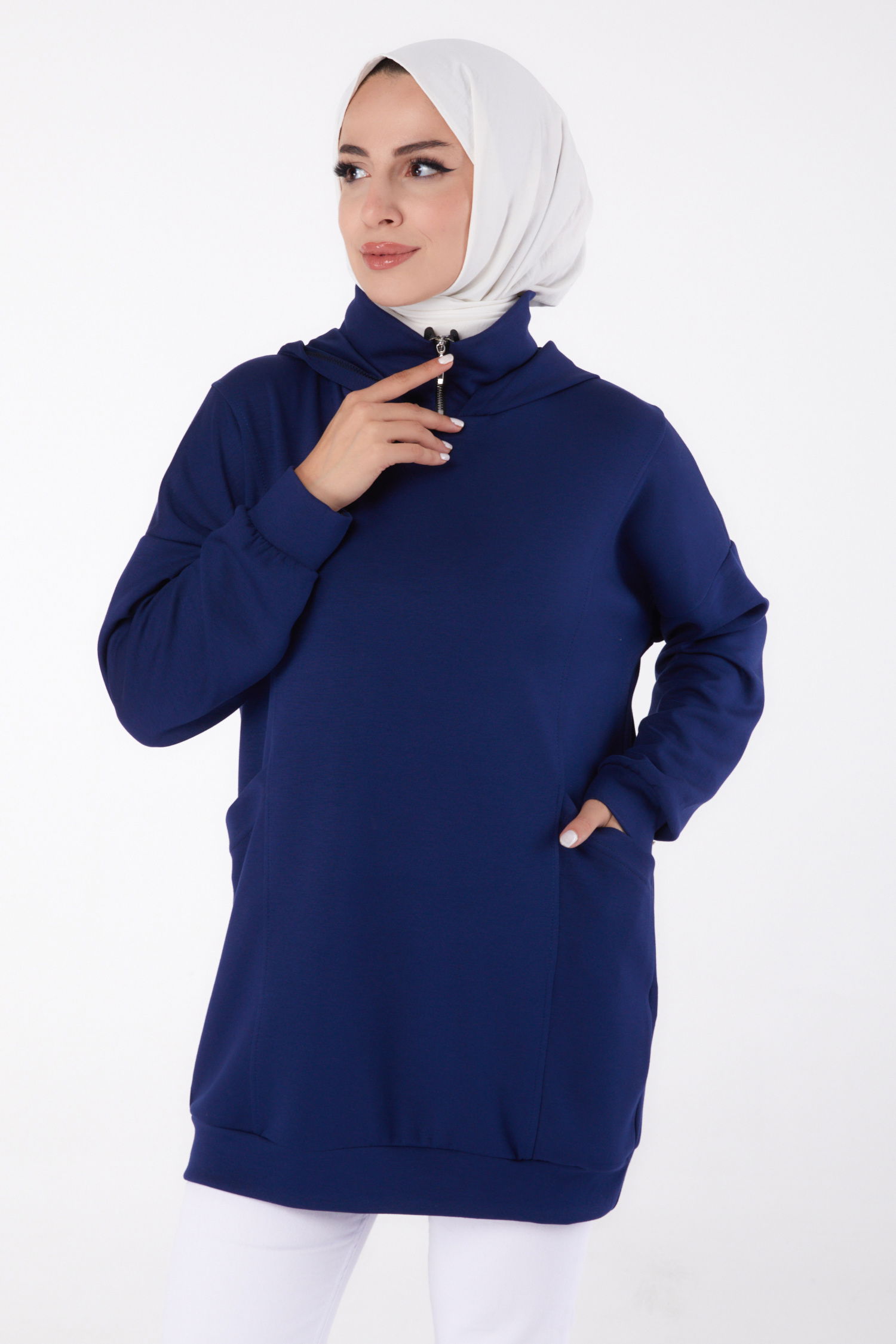 Düz Kapşonlu Yaka Kadın Lacivert Cepli Tunik - 26479 - 3
