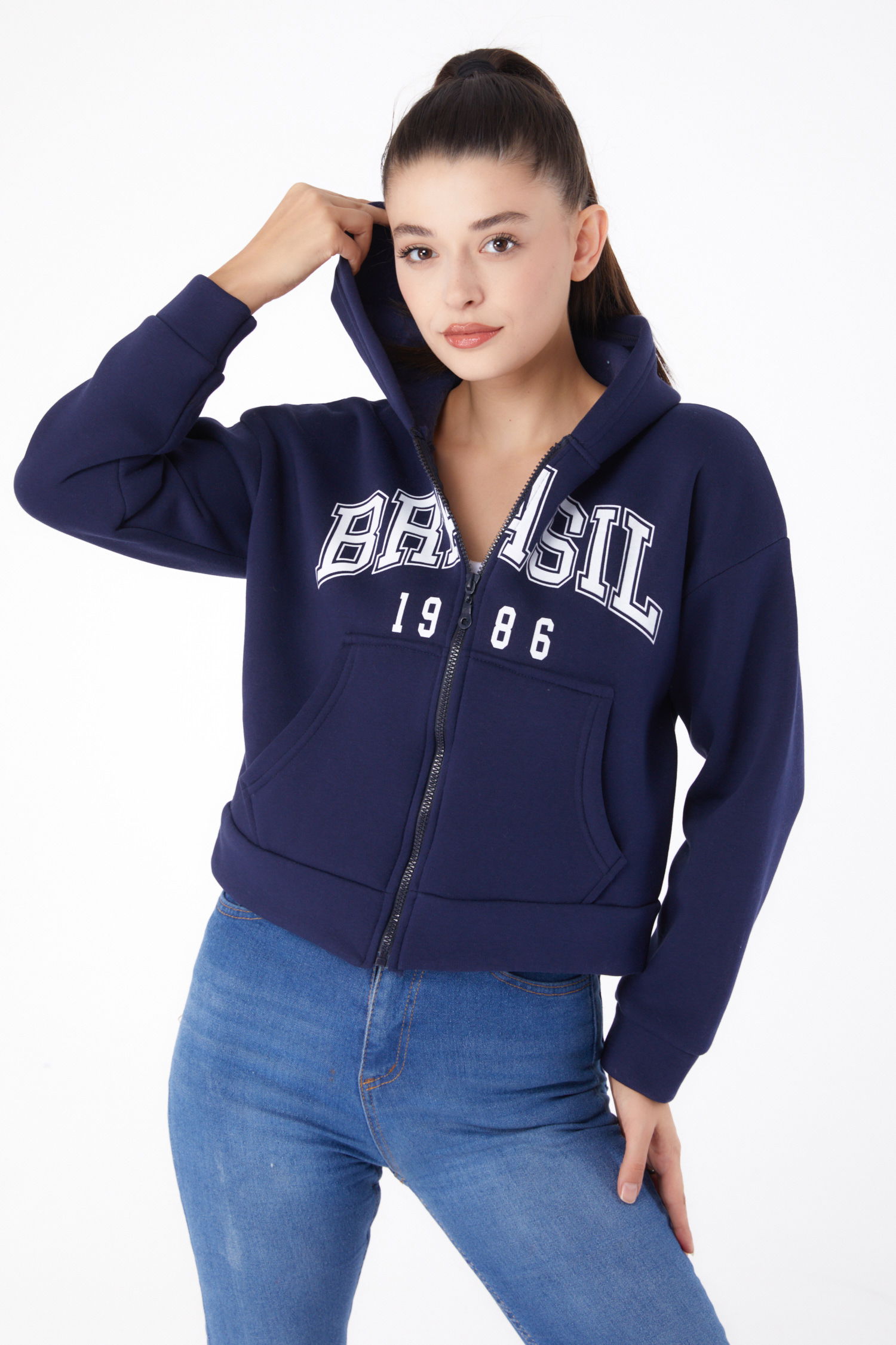 Fermuarlı Crop Sweatshirt Lacivert - 26278 - 1