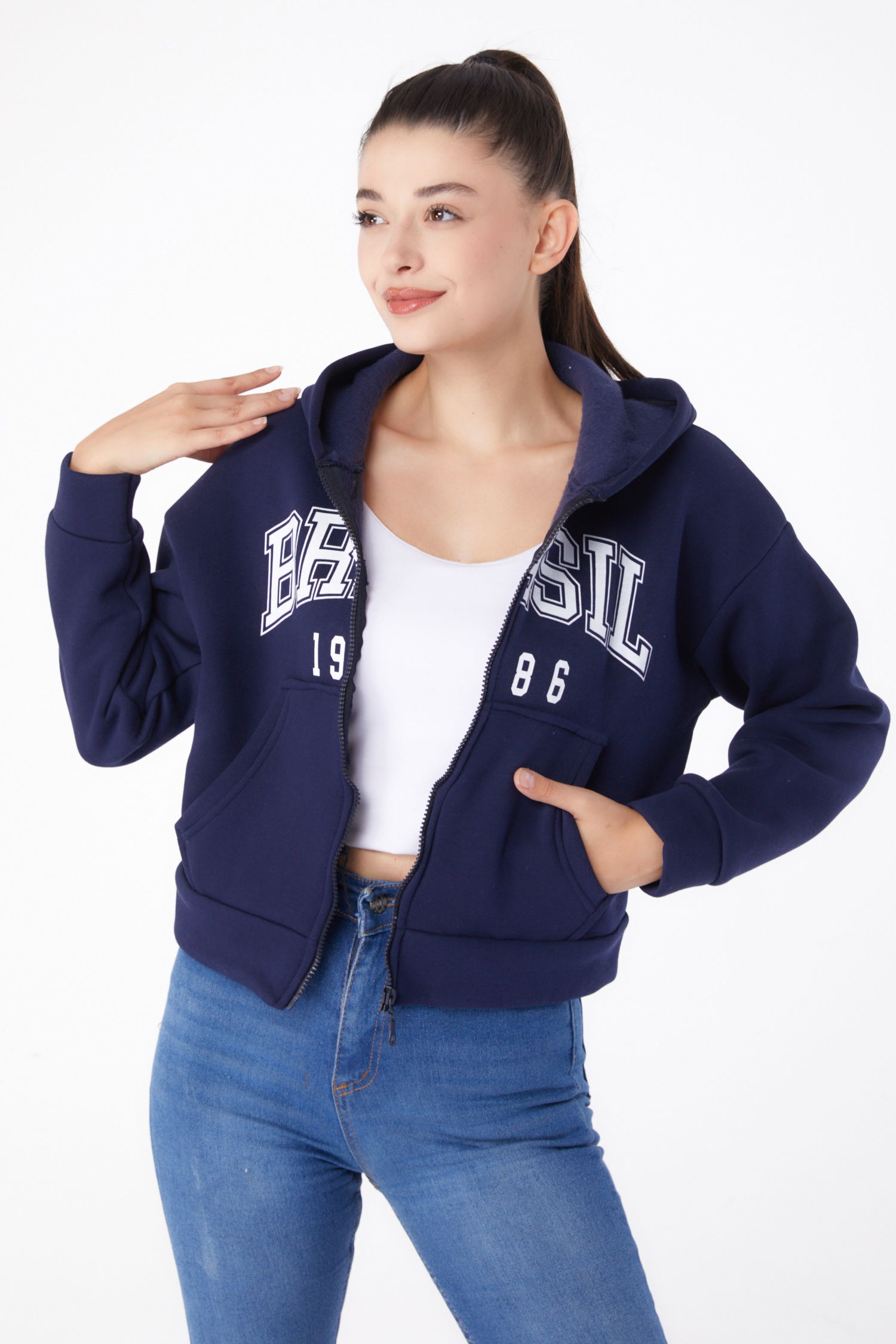 Fermuarlı Crop Sweatshirt Lacivert - 26278 - 2