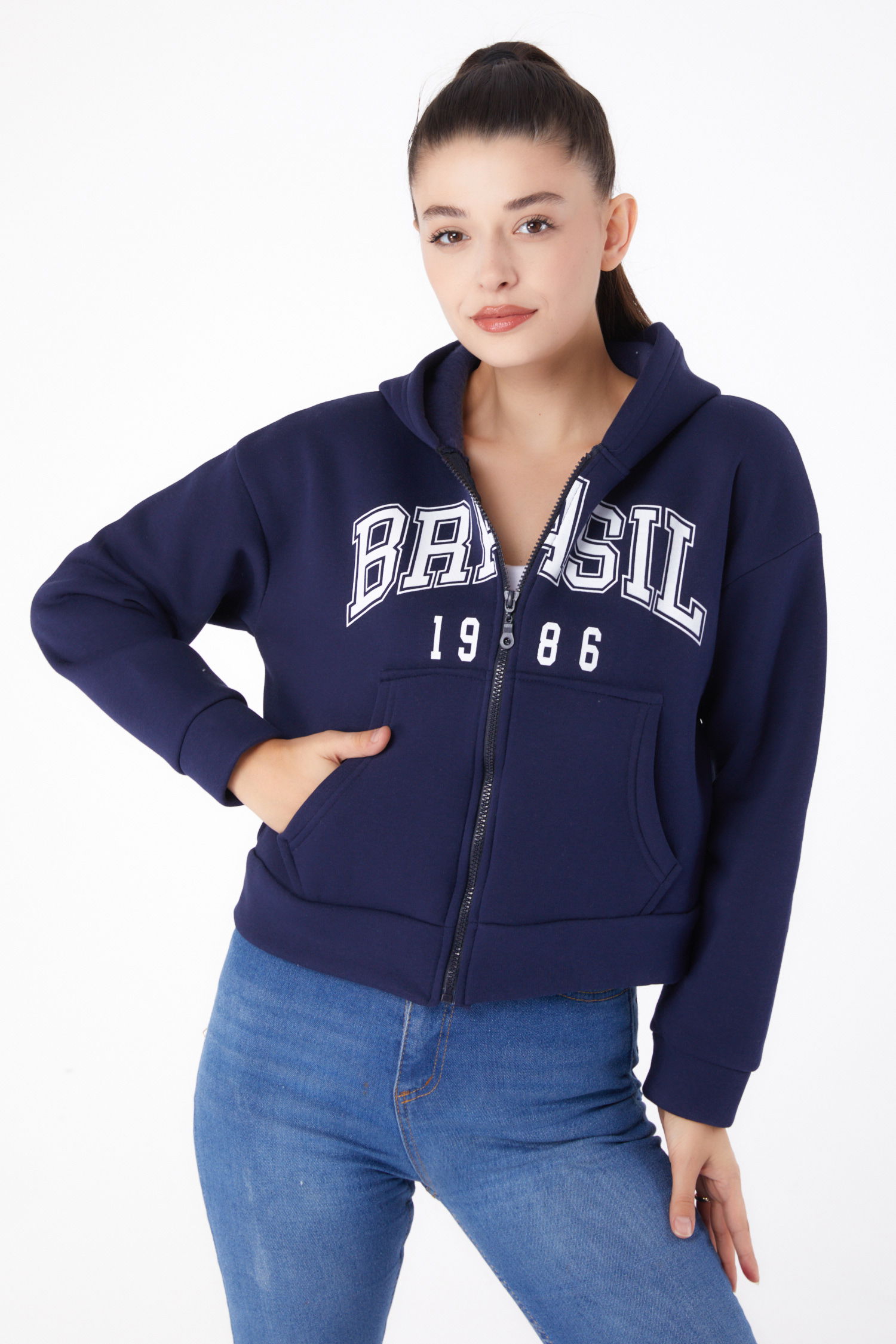 Fermuarlı Crop Sweatshirt Lacivert - 26278 - 3