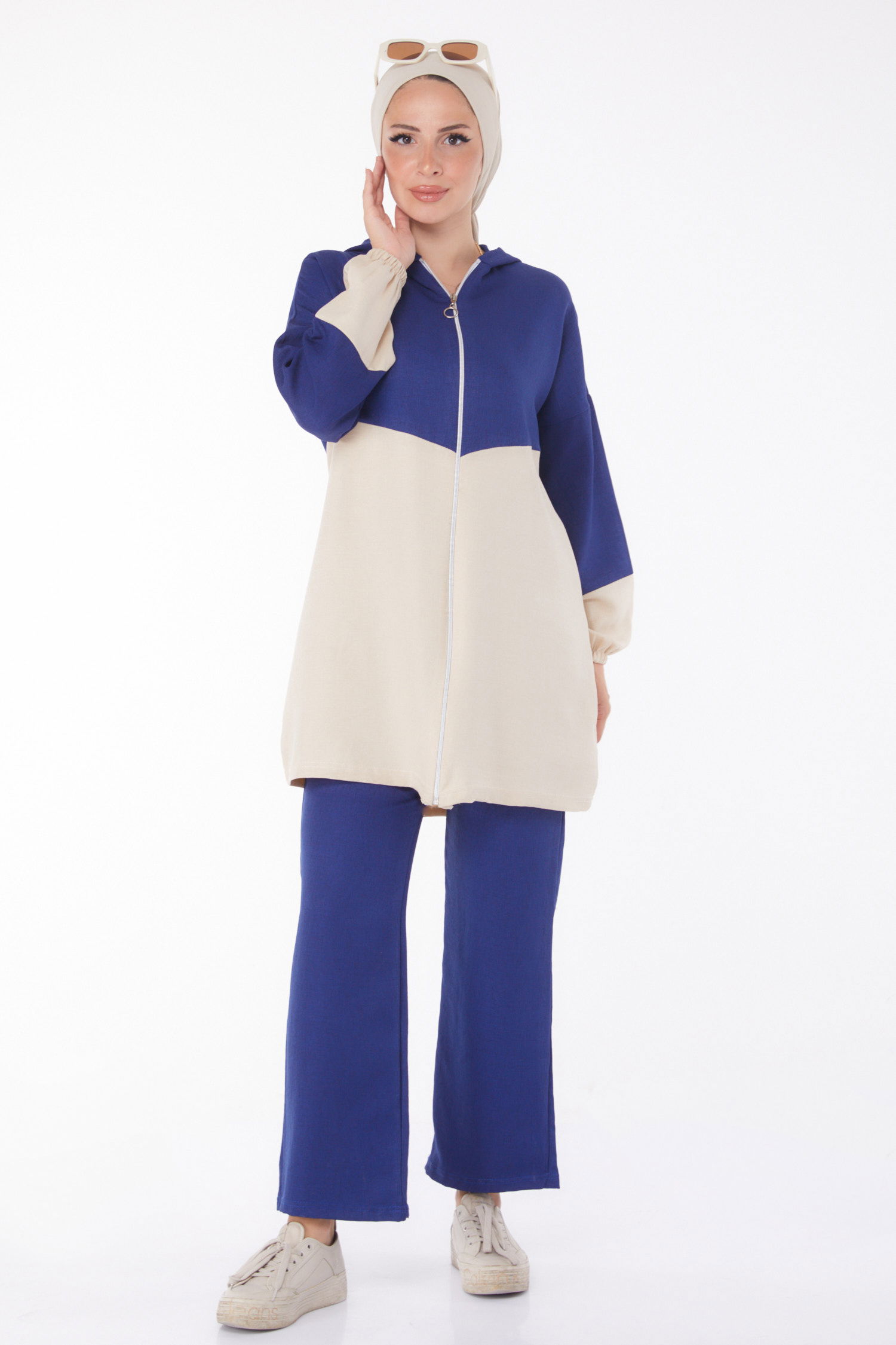 Düz Kapşonlu Yaka Kadın Lacivert Fermuarlı İkili Takım - 13234 - 1