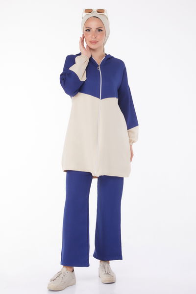 Düz Kapşonlu Yaka Kadın Lacivert Fermuarlı İkili Takım - 13234 