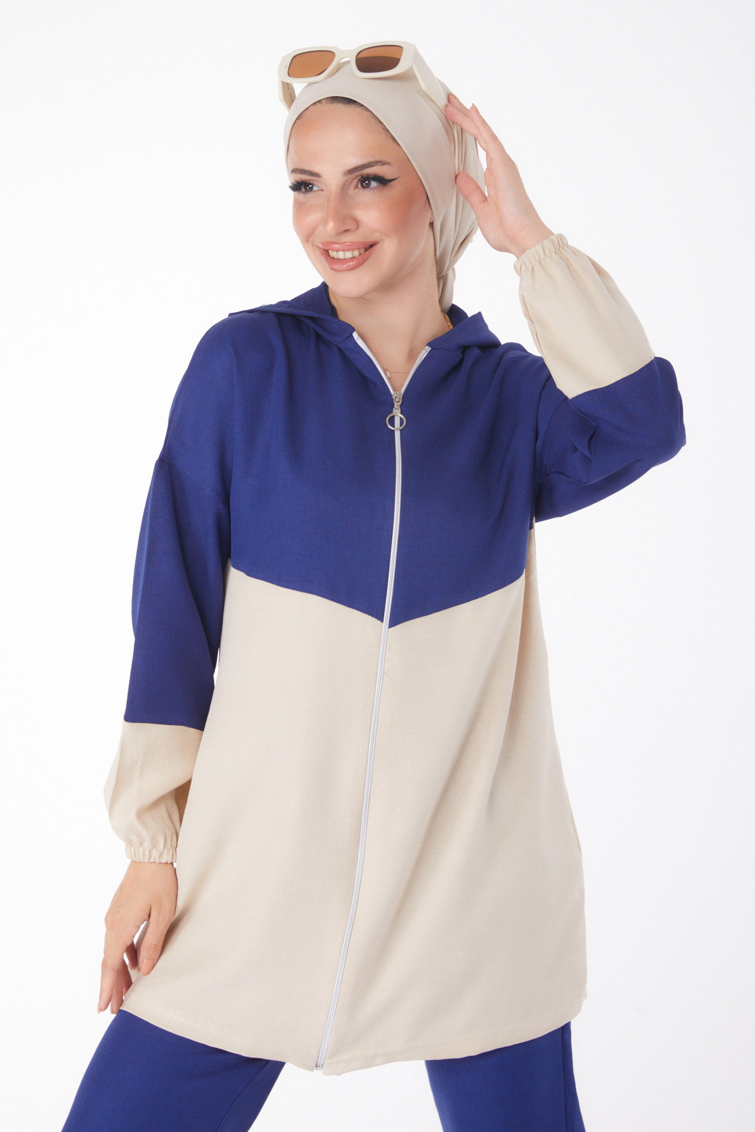 Düz Kapşonlu Yaka Kadın Lacivert Fermuarlı İkili Takım - 13234 - 2