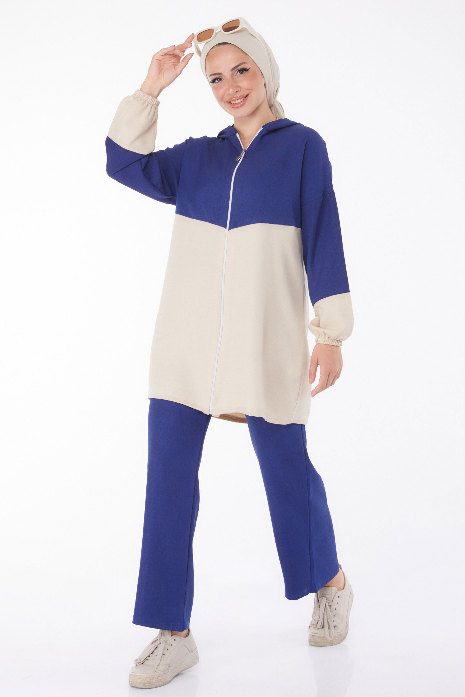 Düz Kapşonlu Yaka Kadın Lacivert Fermuarlı İkili Takım - 13234 - 3