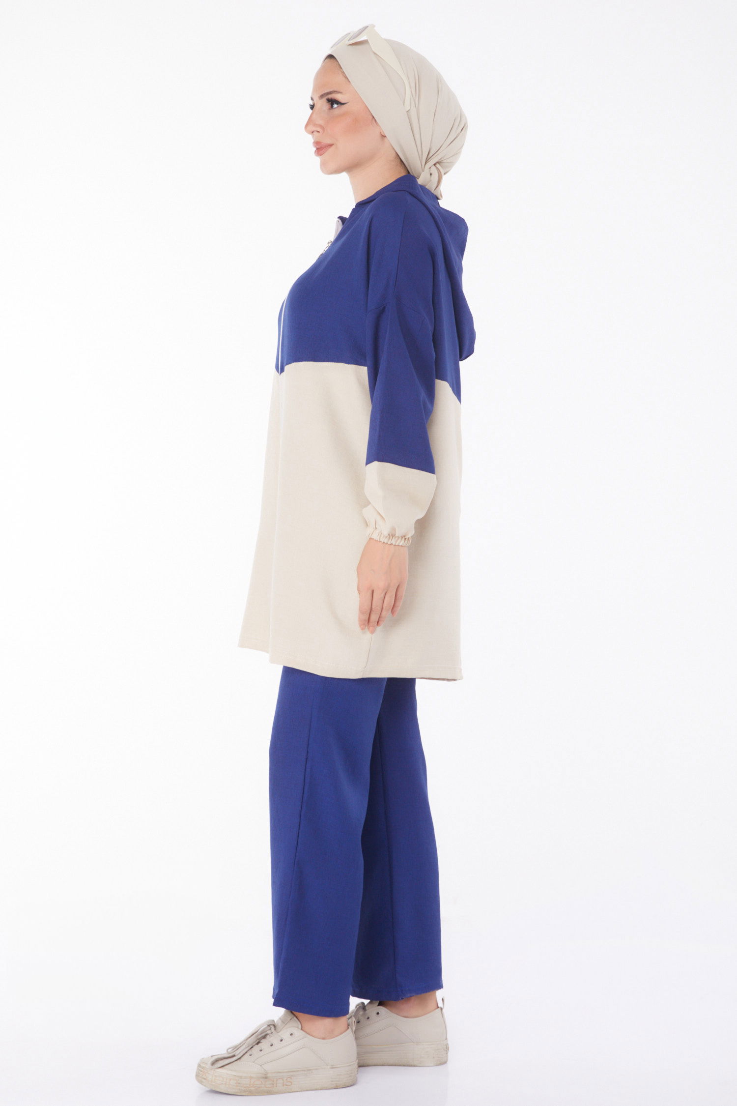Düz Kapşonlu Yaka Kadın Lacivert Fermuarlı İkili Takım - 13234 - 4