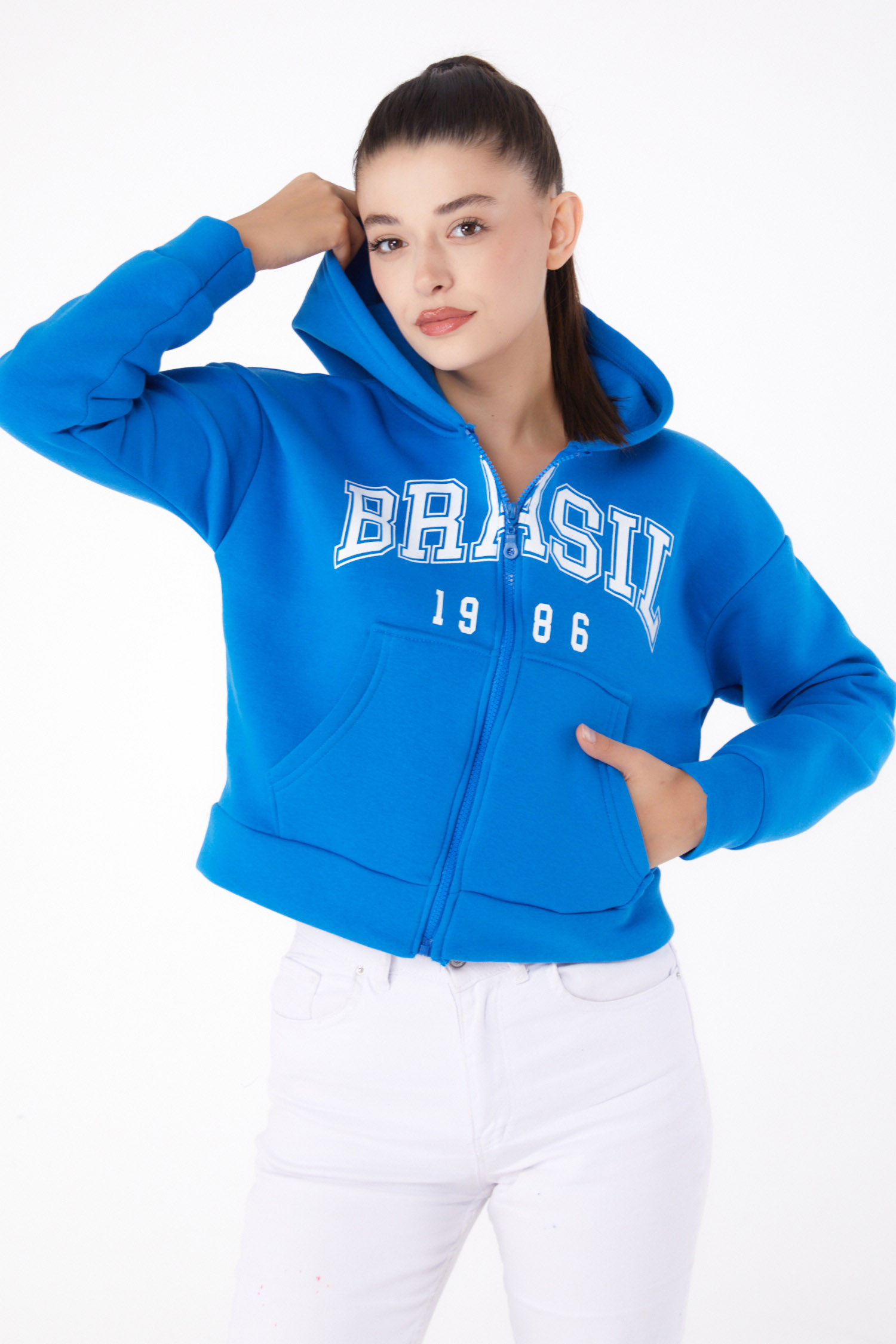 Düz Kapşonlu Yaka Kadın Mavi Fermuarlı Crop Sweatshirt - 26278 - 2