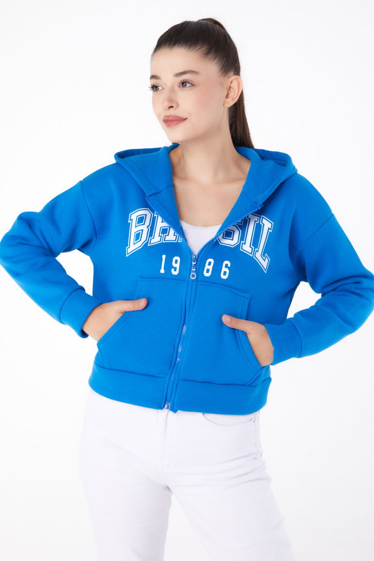 Düz Kapşonlu Yaka Kadın Mavi Fermuarlı Crop Sweatshirt - 26278 - TOFİSA
