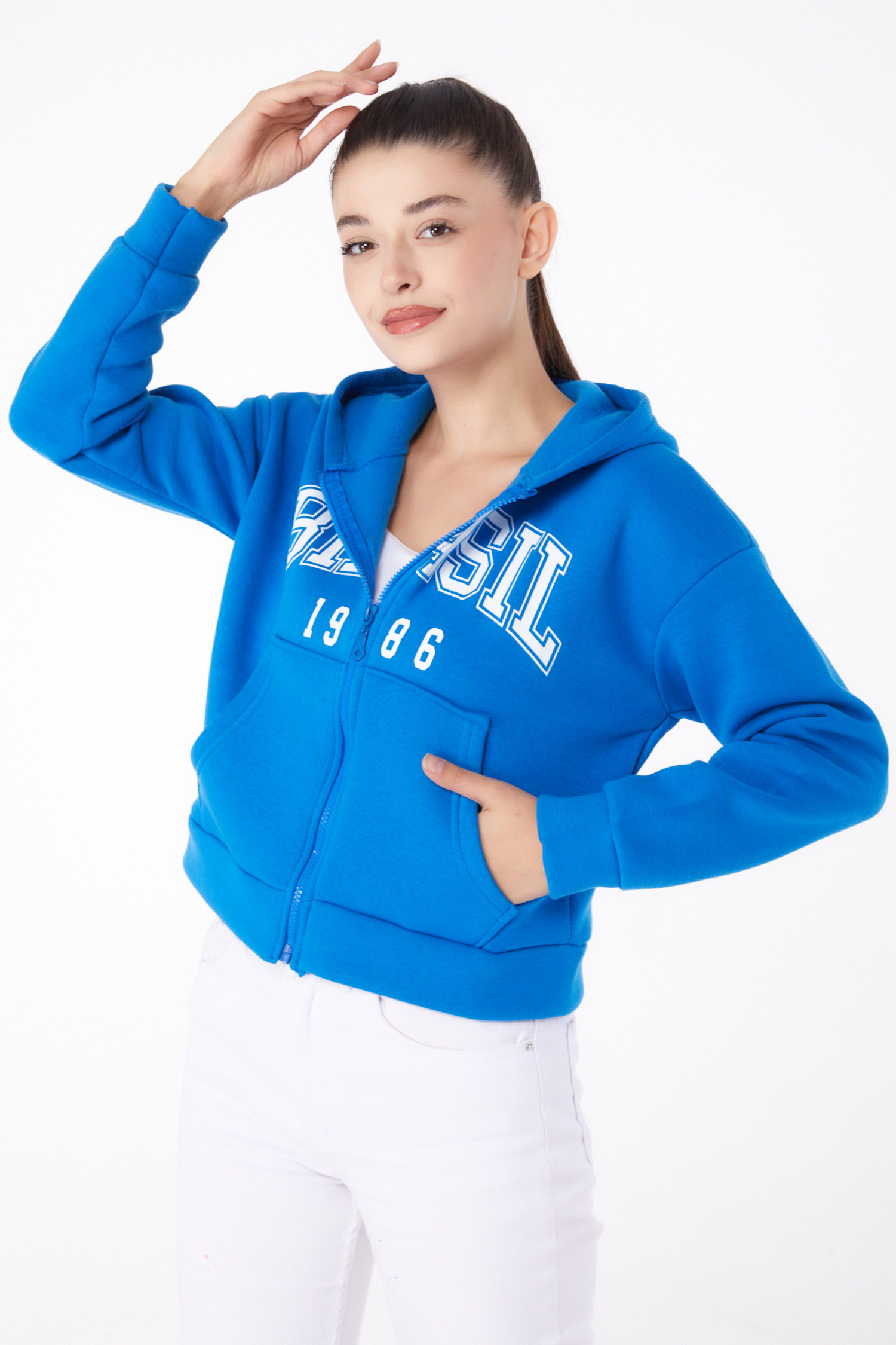 Düz Kapşonlu Yaka Kadın Mavi Fermuarlı Crop Sweatshirt - 26278 - 3