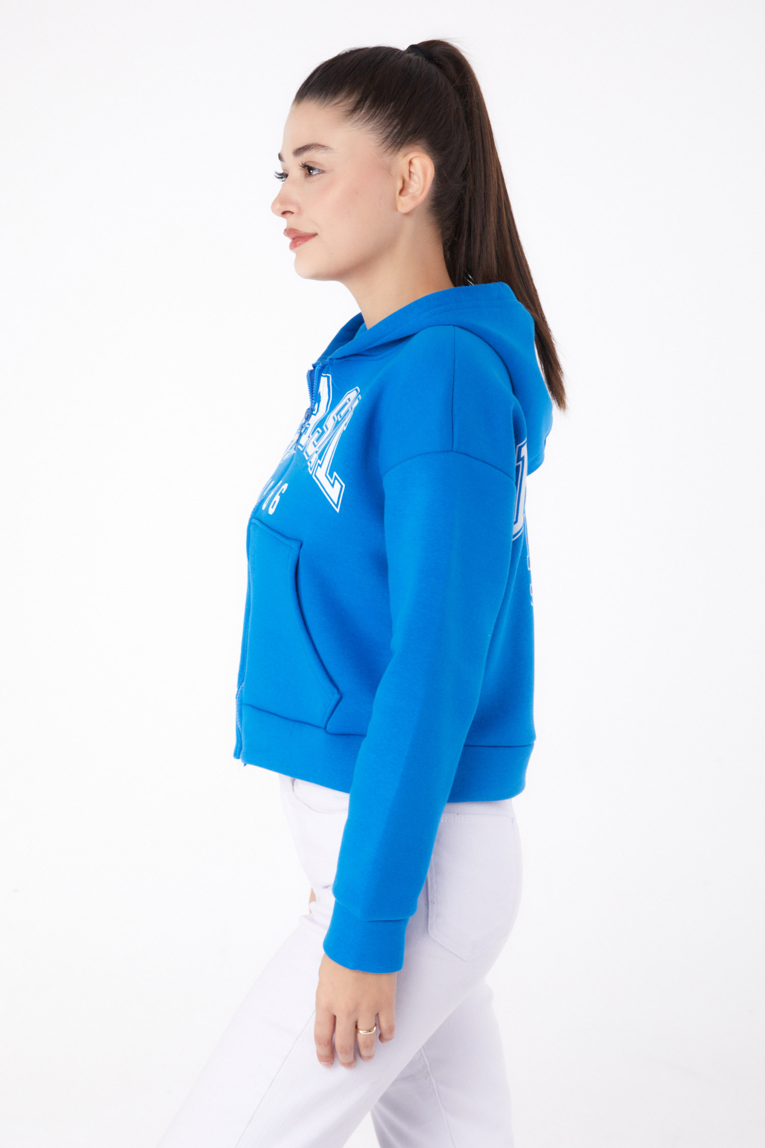 Düz Kapşonlu Yaka Kadın Mavi Fermuarlı Crop Sweatshirt - 26278 - 4