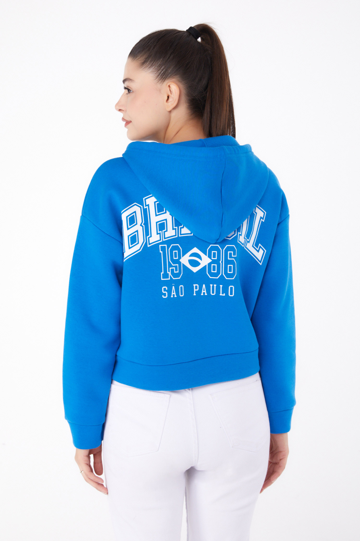 Düz Kapşonlu Yaka Kadın Mavi Fermuarlı Crop Sweatshirt - 26278 - 5