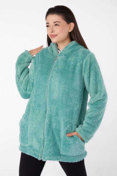 Düz Kapşonlu Yaka Kadın Mint Peluş Kısa Mont - 26459 