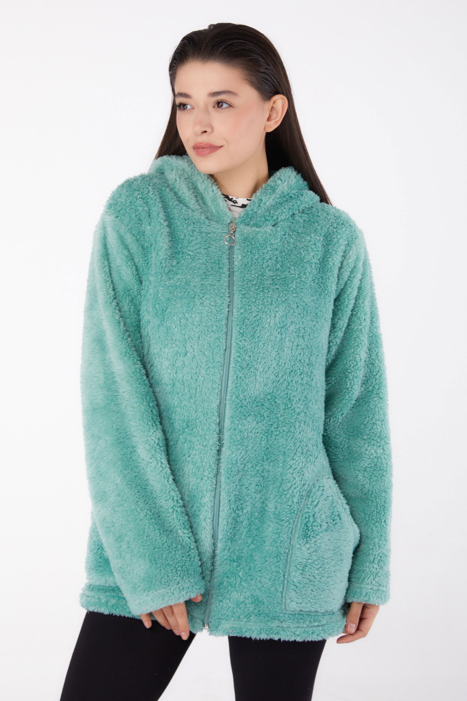 Düz Kapşonlu Yaka Kadın Mint Peluş Kısa Mont - 26459 - 3