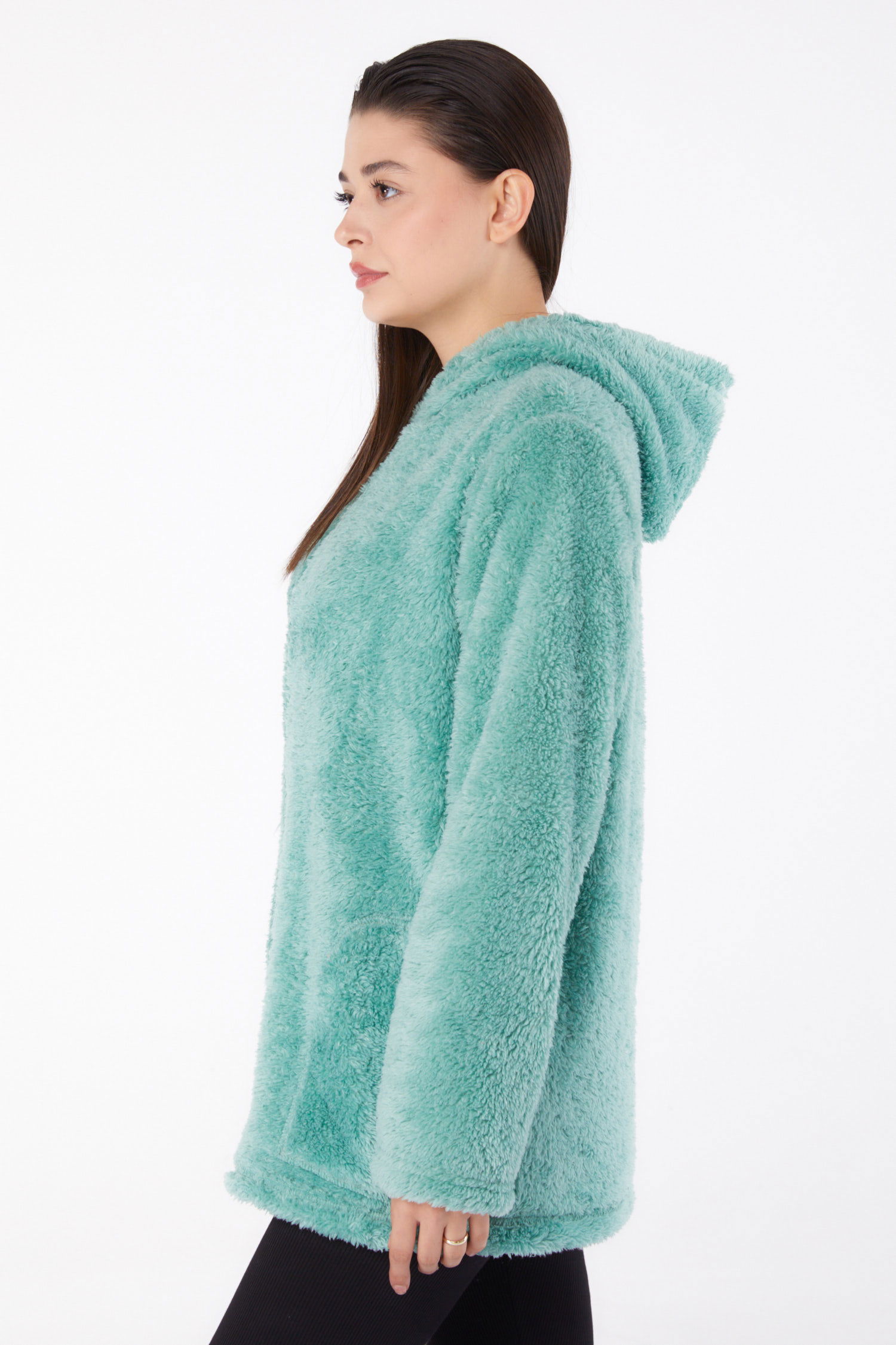 Düz Kapşonlu Yaka Kadın Mint Peluş Kısa Mont - 26459 - 4