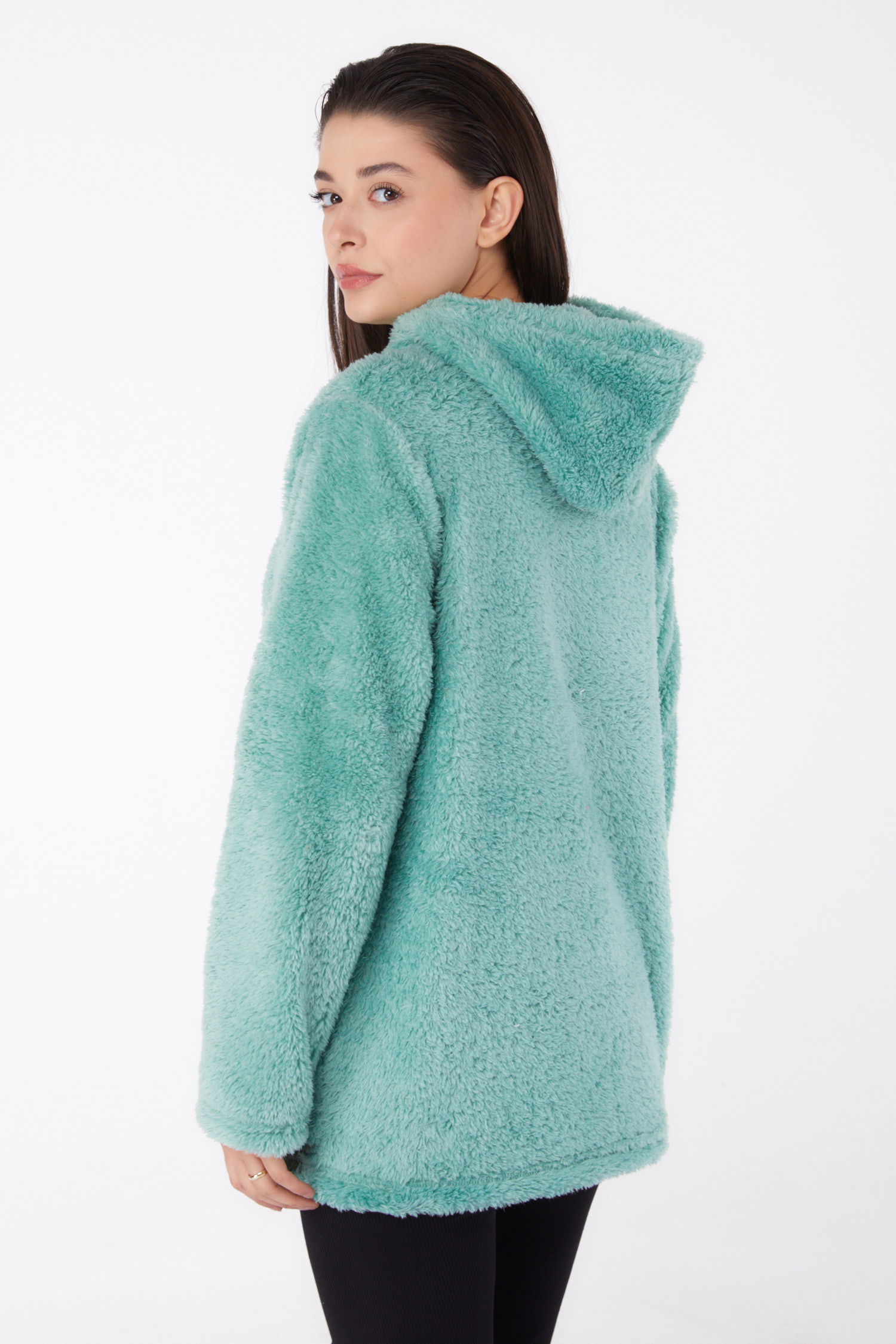 Düz Kapşonlu Yaka Kadın Mint Peluş Kısa Mont - 26459 - 5