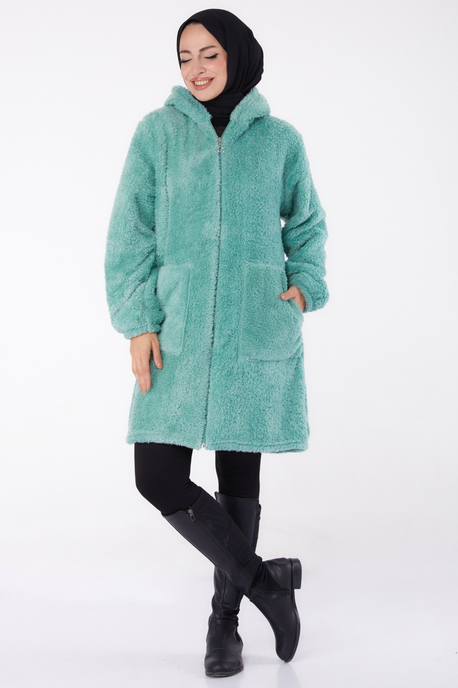 Düz Kapşonlu Yaka Kadın Mint Peluş Uzun Mont - 26460 - 1