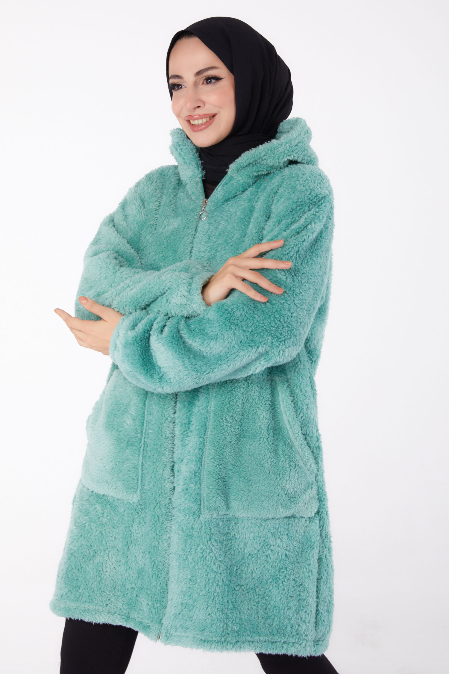 Düz Kapşonlu Yaka Kadın Mint Peluş Uzun Mont - 26460 - 3