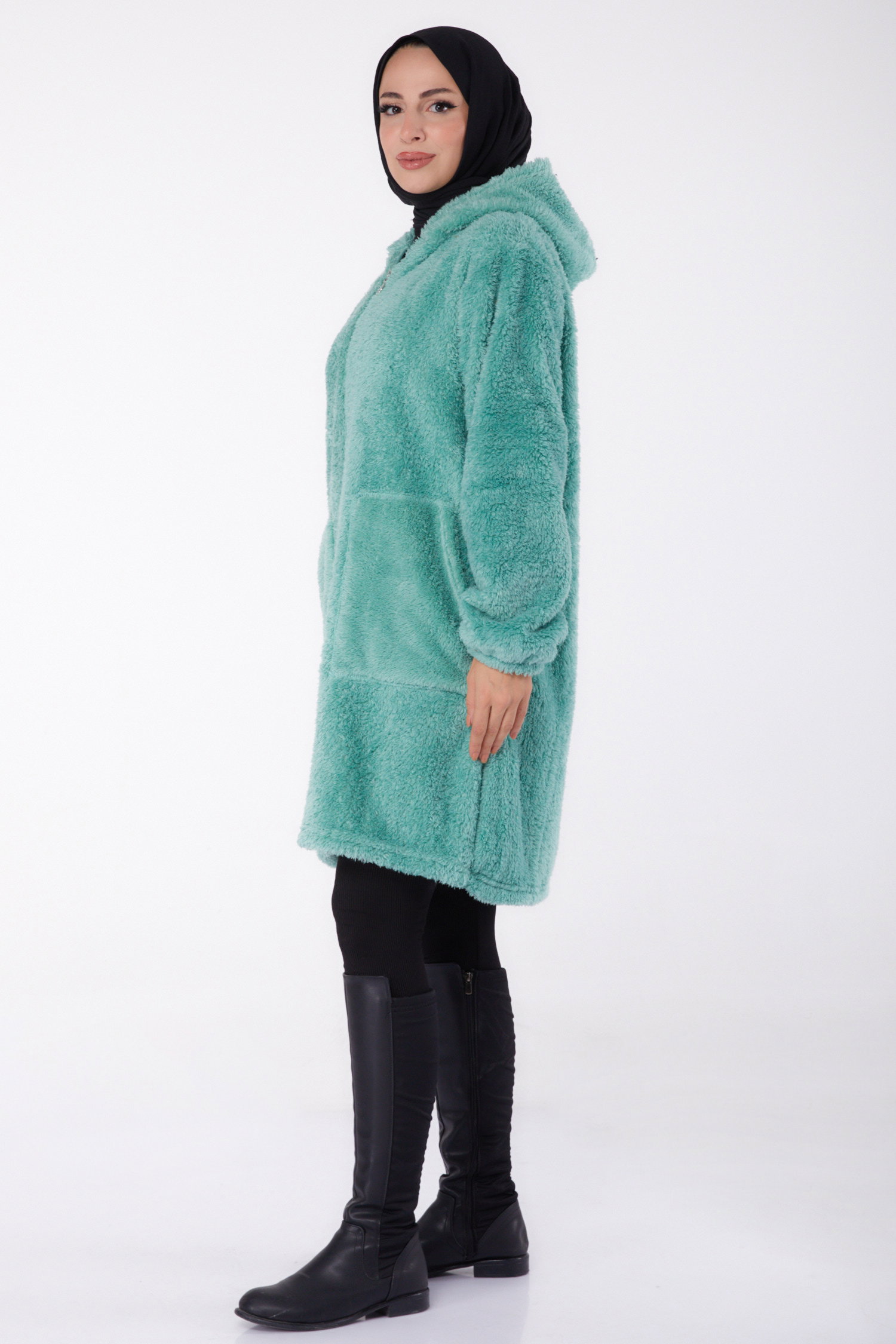 Düz Kapşonlu Yaka Kadın Mint Peluş Uzun Mont - 26460 - 4