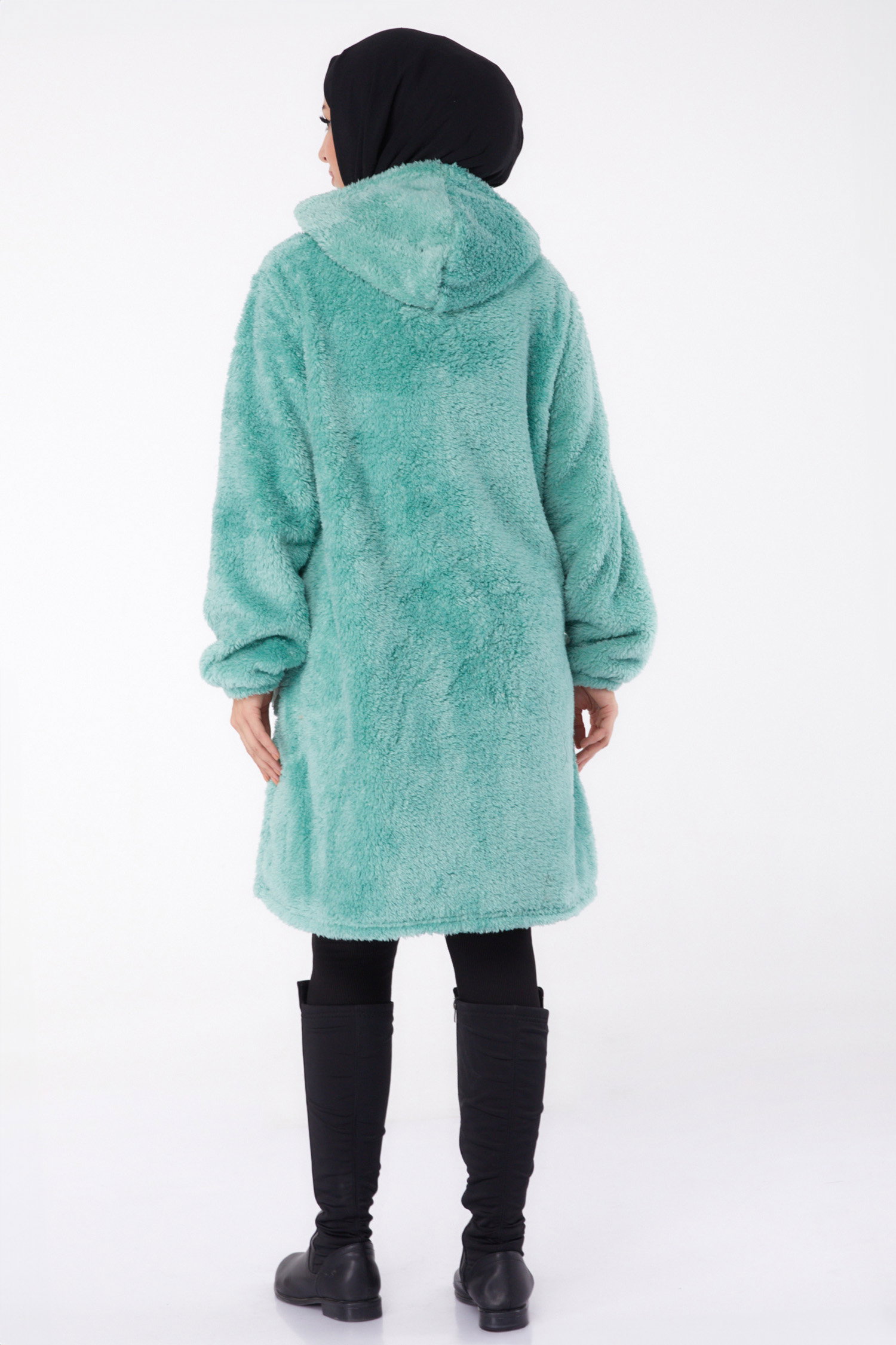Düz Kapşonlu Yaka Kadın Mint Peluş Uzun Mont - 26460 - 5