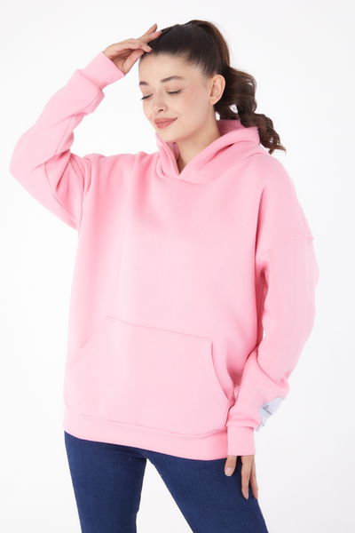 Düz Kapşonlu Yaka Kadın Pembe Kapşonlu Sweat - 26219 