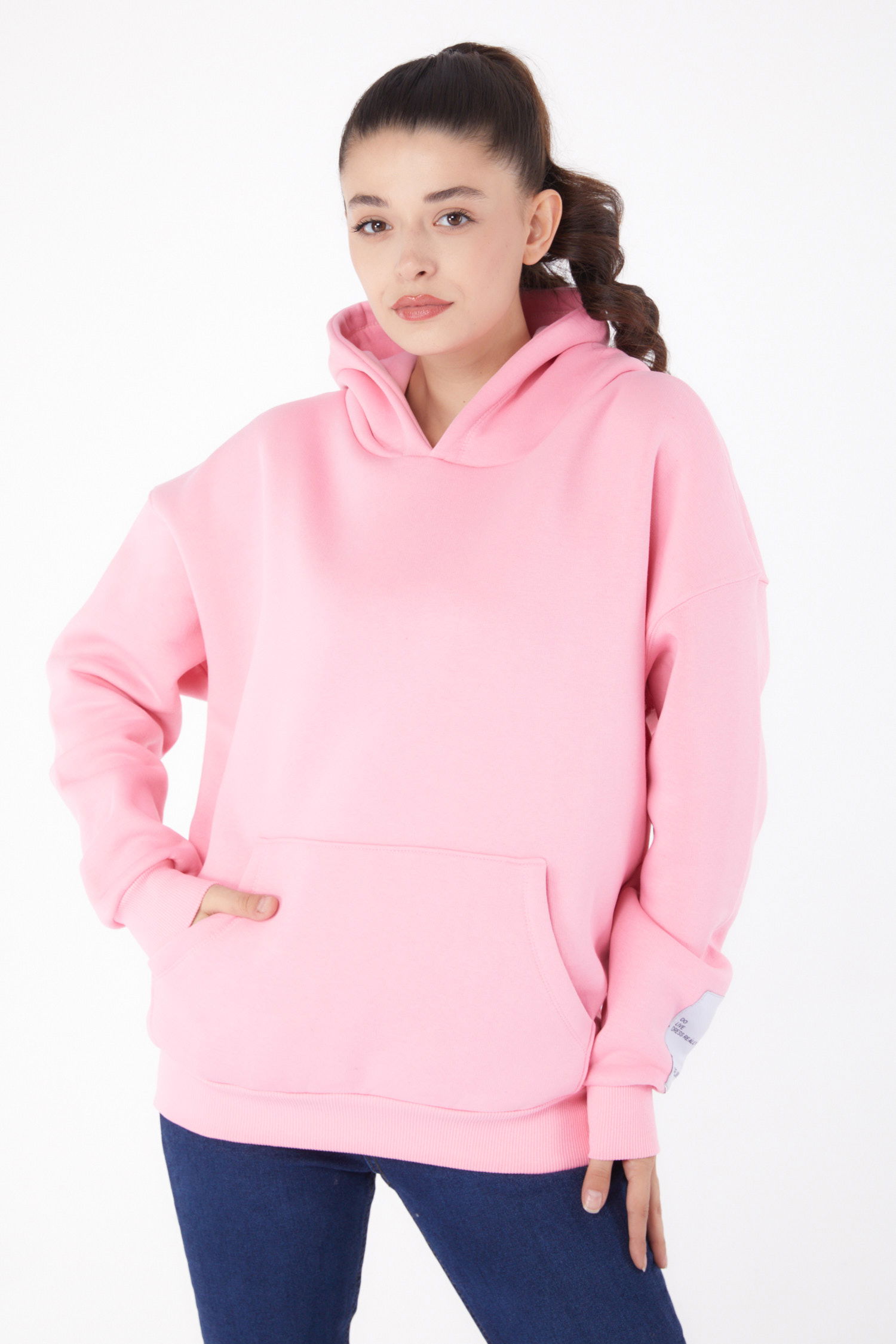 Düz Kapşonlu Yaka Kadın Pembe Kapşonlu Sweat - 26219 - 2