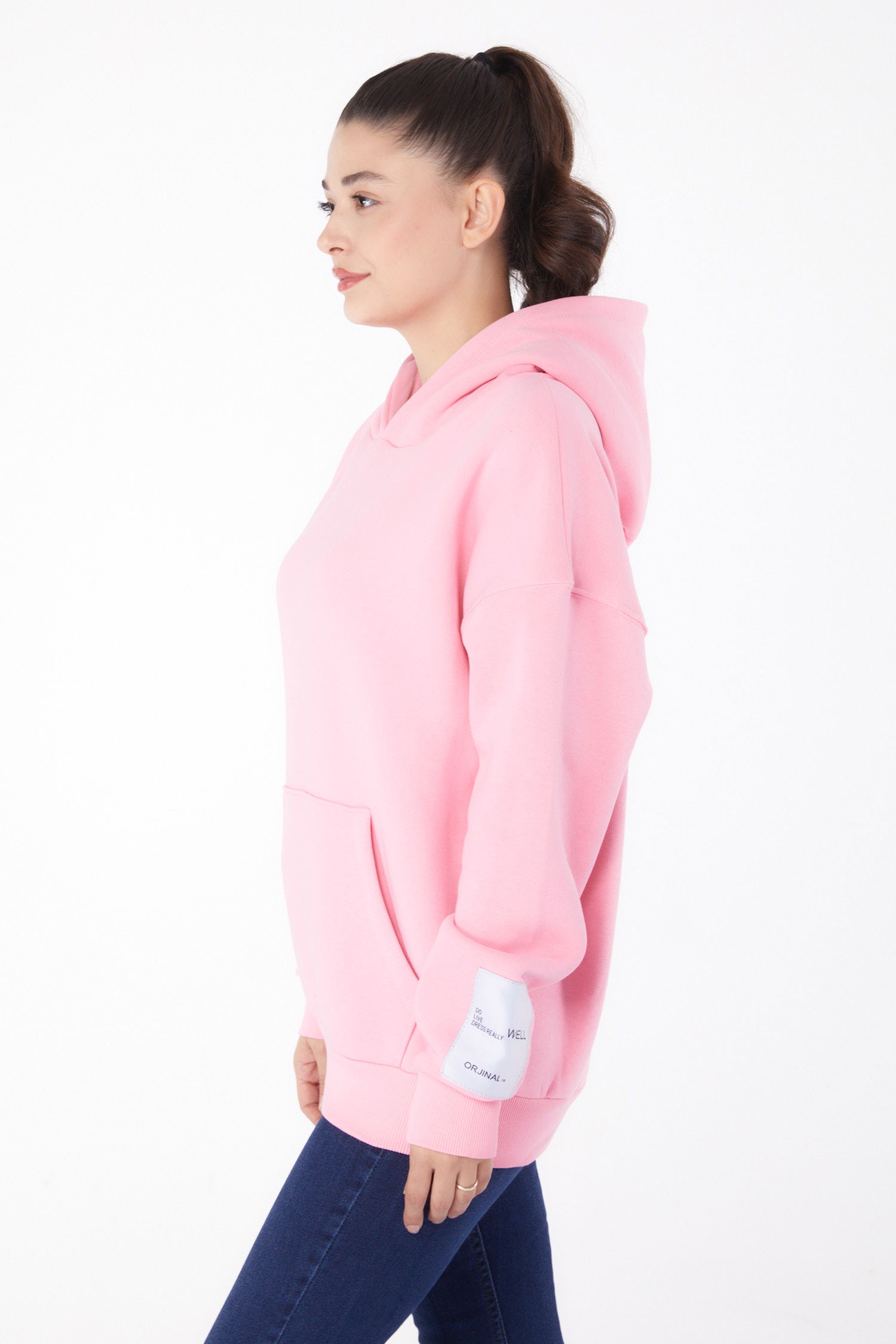 Düz Kapşonlu Yaka Kadın Pembe Kapşonlu Sweat - 26219 - 3