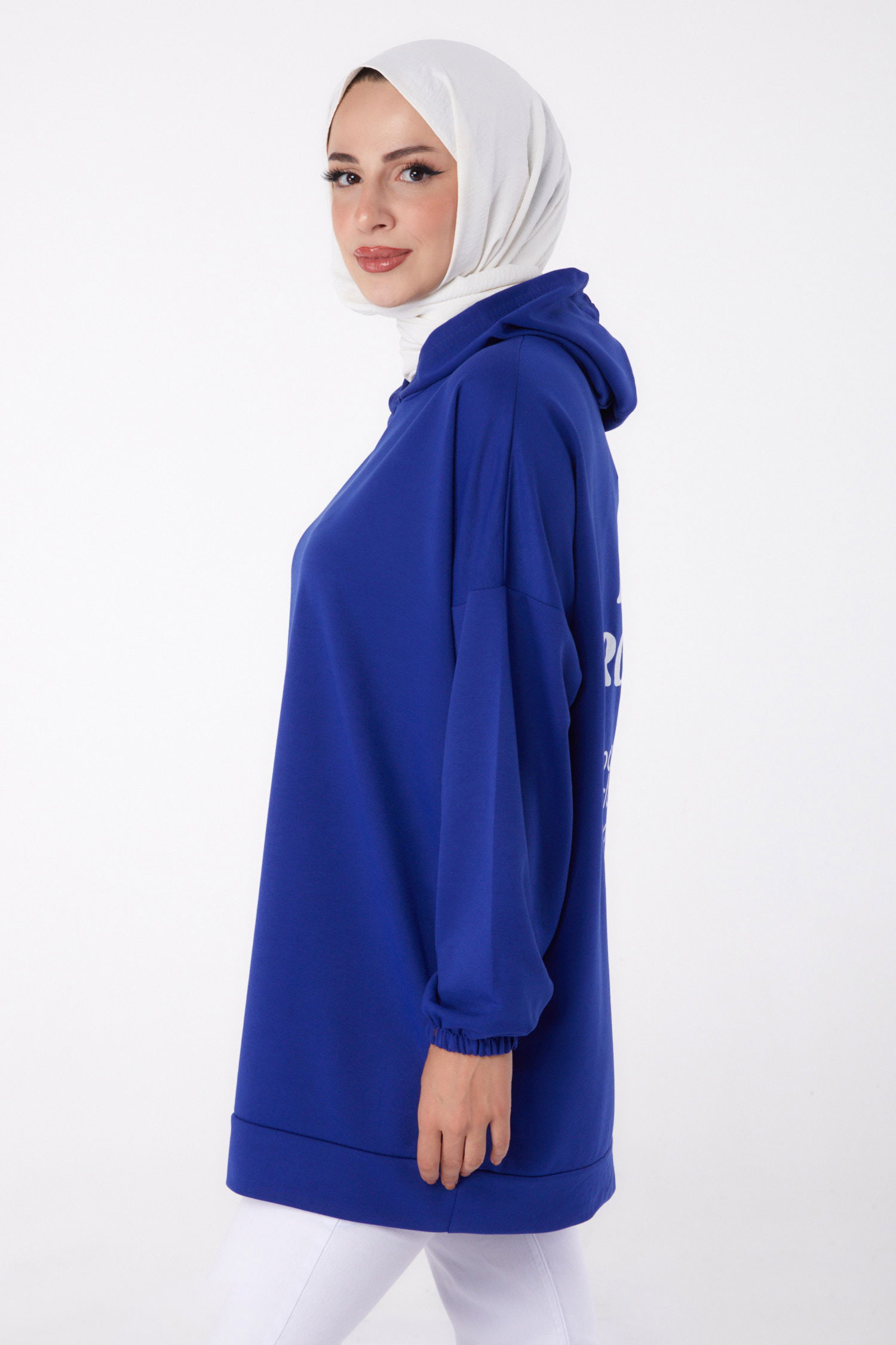 Düz Kapşonlu Yaka Kadın Saks Arkası Baskılı Sweatshirt - 13327 - 5