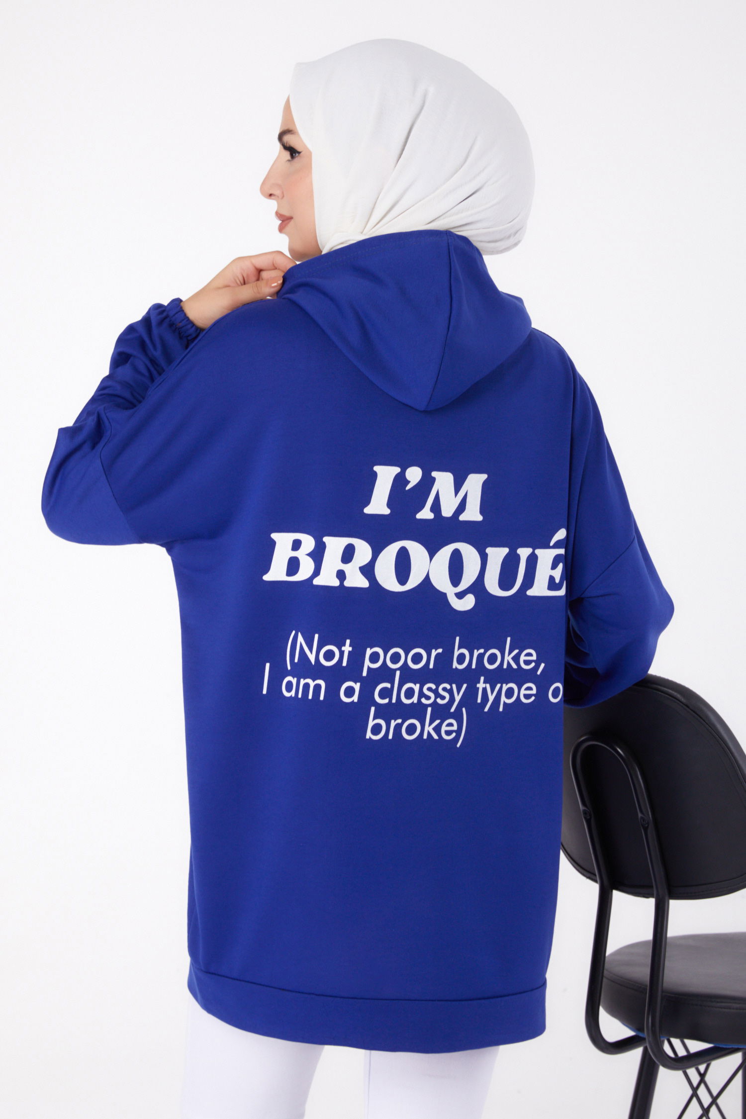 Düz Kapşonlu Yaka Kadın Saks Arkası Baskılı Sweatshirt - 13327 - 1