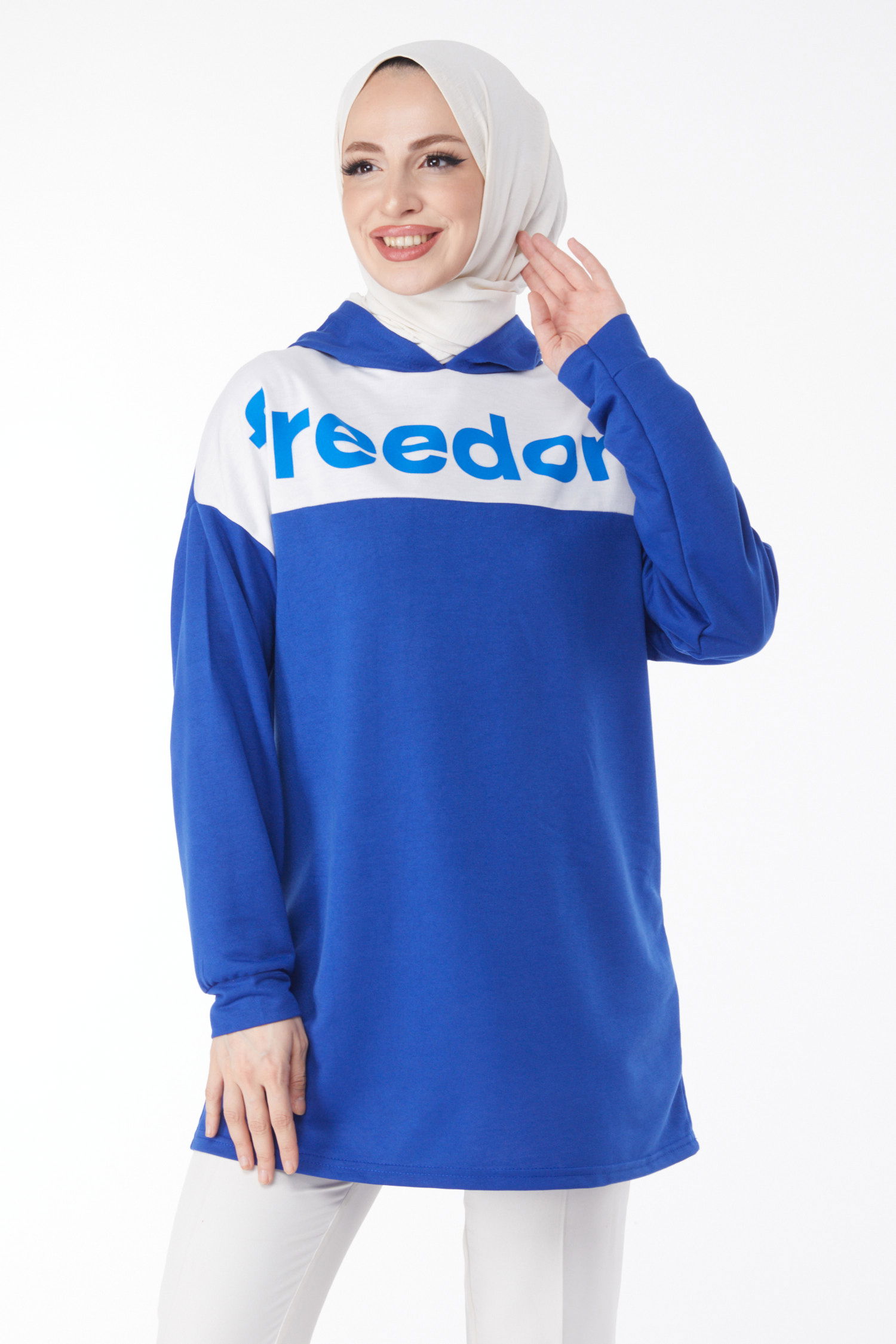 Baskılı Kapşonlu Sweatshirt Saks - 13134 - 2