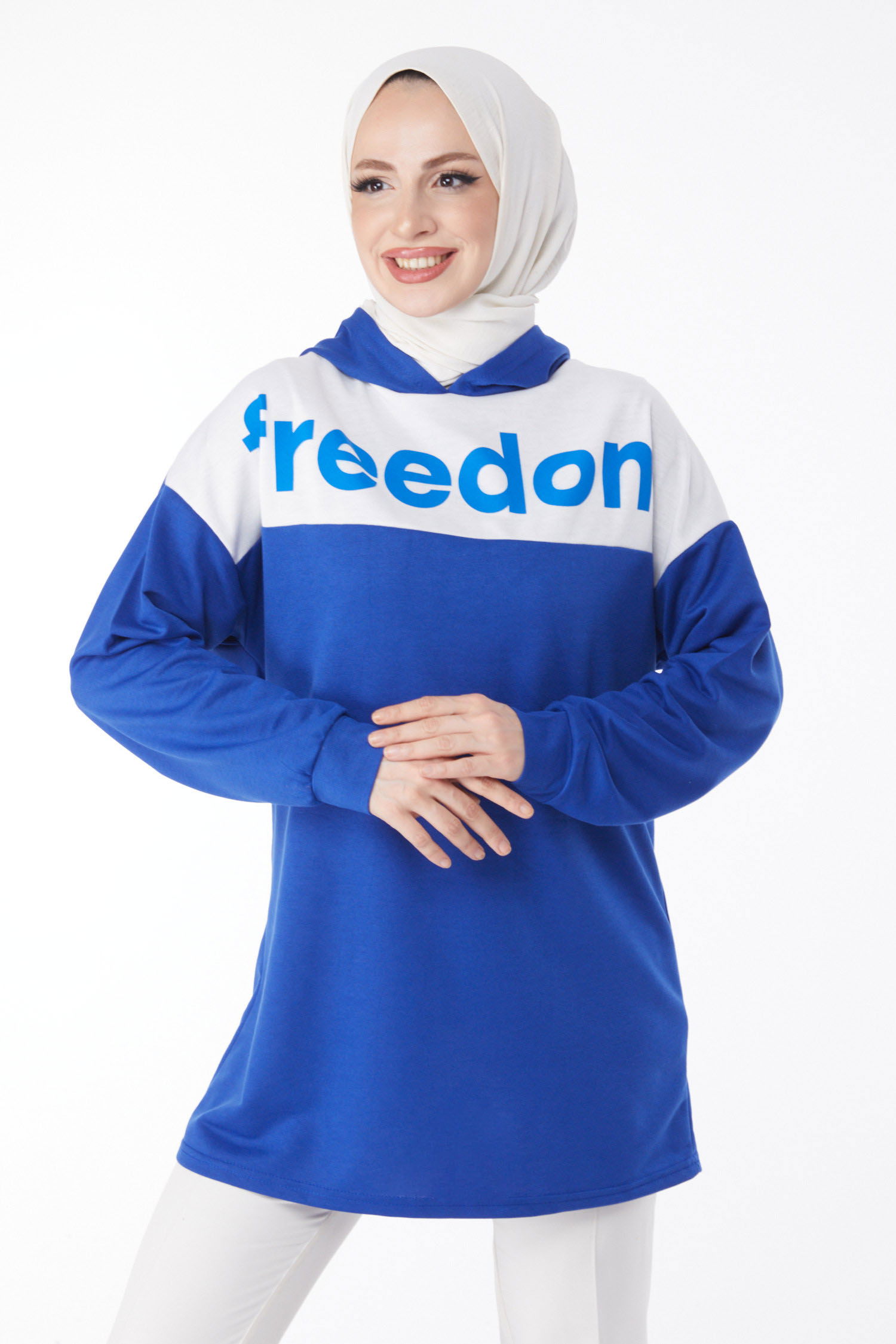 Baskılı Kapşonlu Sweatshirt Saks - 13134 - 3
